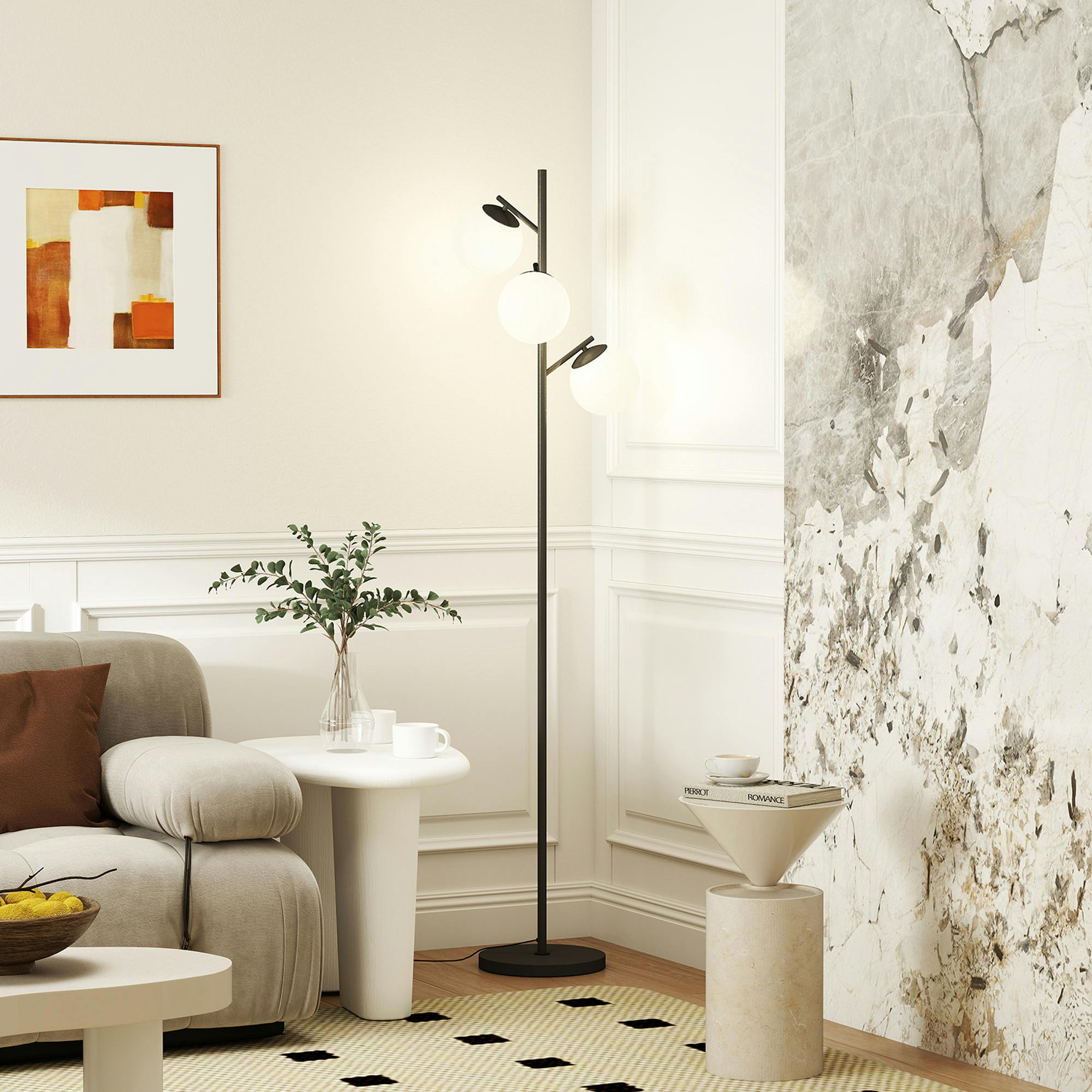 Rackhams Light/Black Modern Tree Floor Lamp With 3 For Living Room Bedroom,