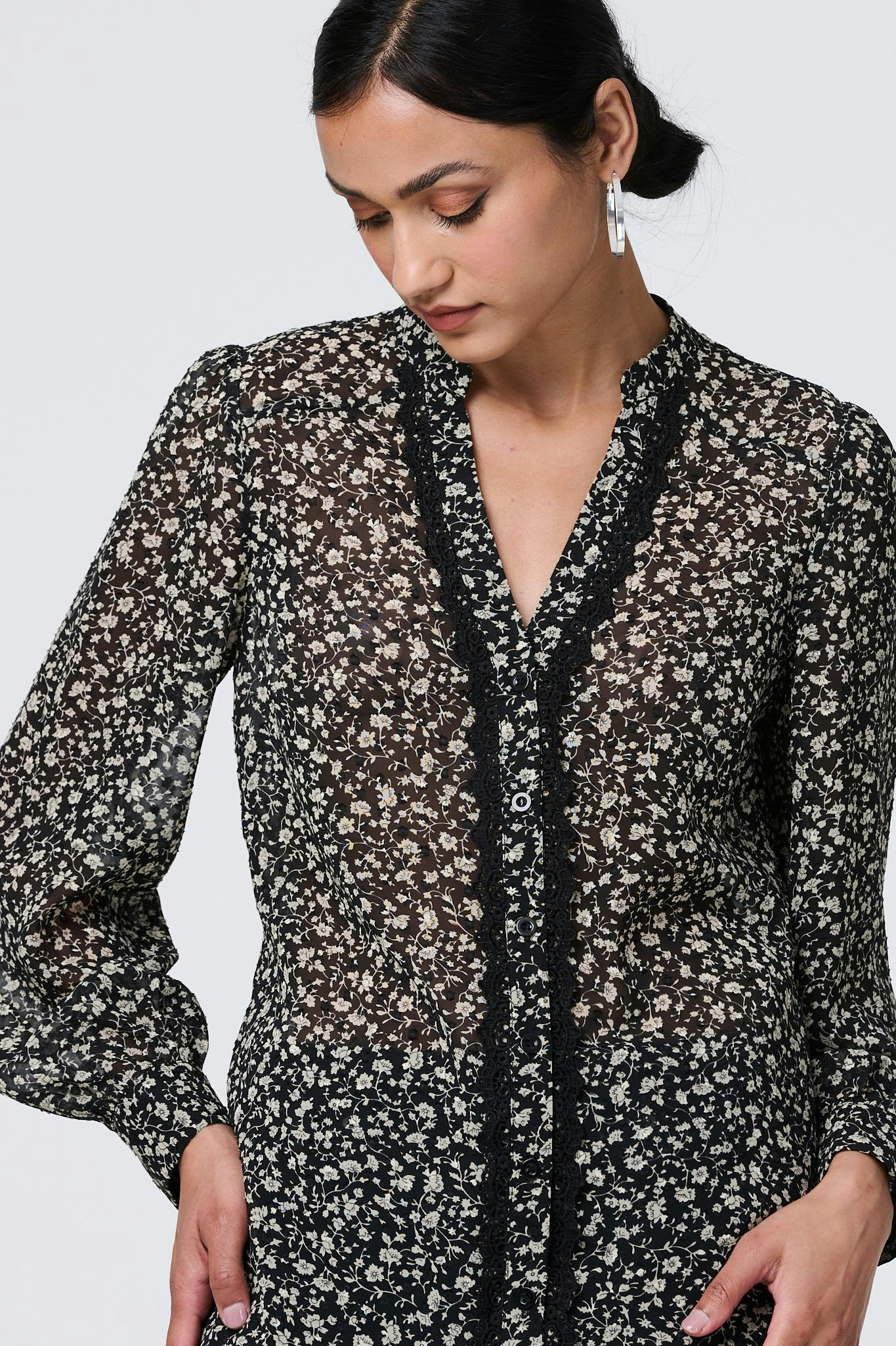 Izabel London Black Ditsy Floral Semi Sheer Long Sleeve Blouse - 10