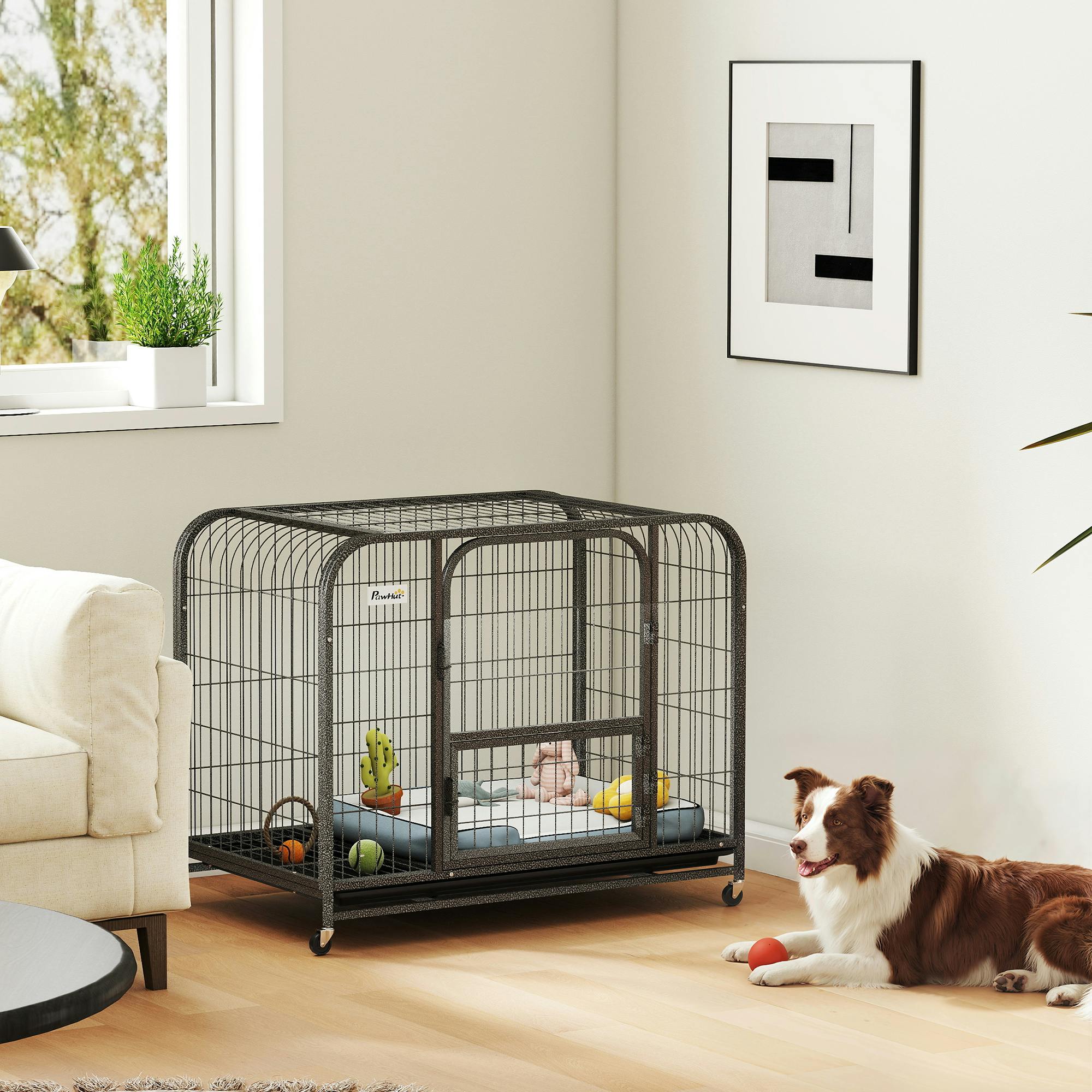 Pawhut Black Heavy Duty Dog Crate, Large Dog Cage With Wheels And Tray - 93 X 58 X 76 Cm