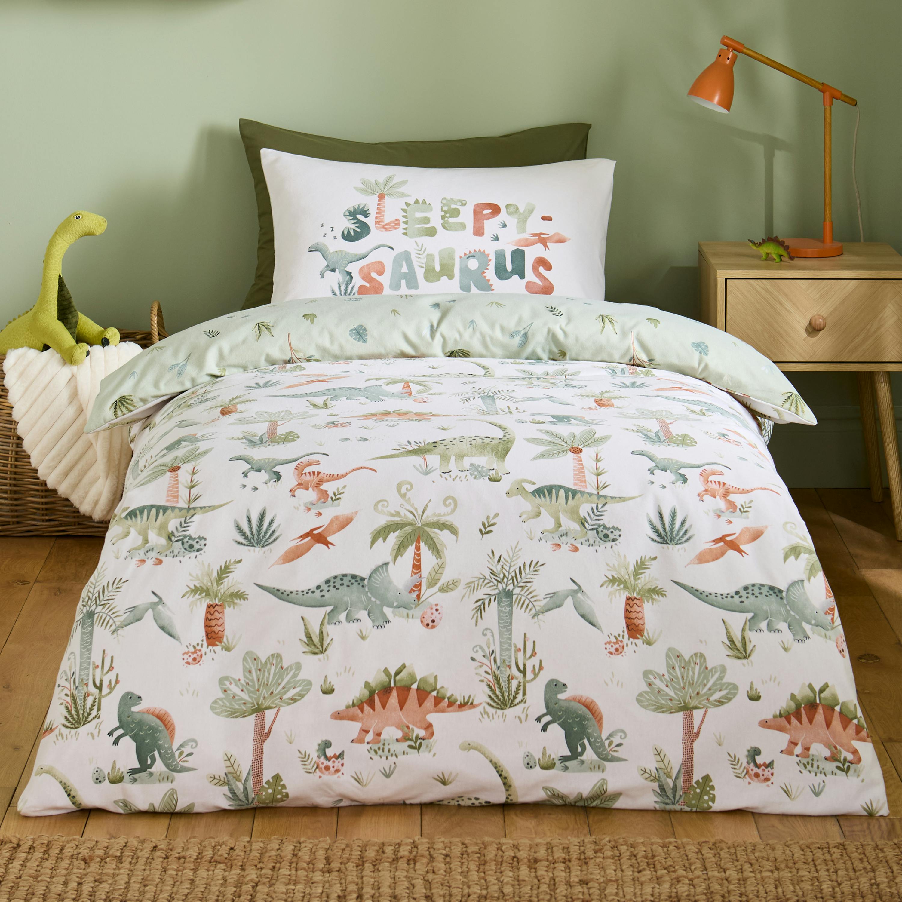 Rackhams Cream Brushed Sleepy Saurus Dino Cotton Reversible Duvet Cover Set - Single