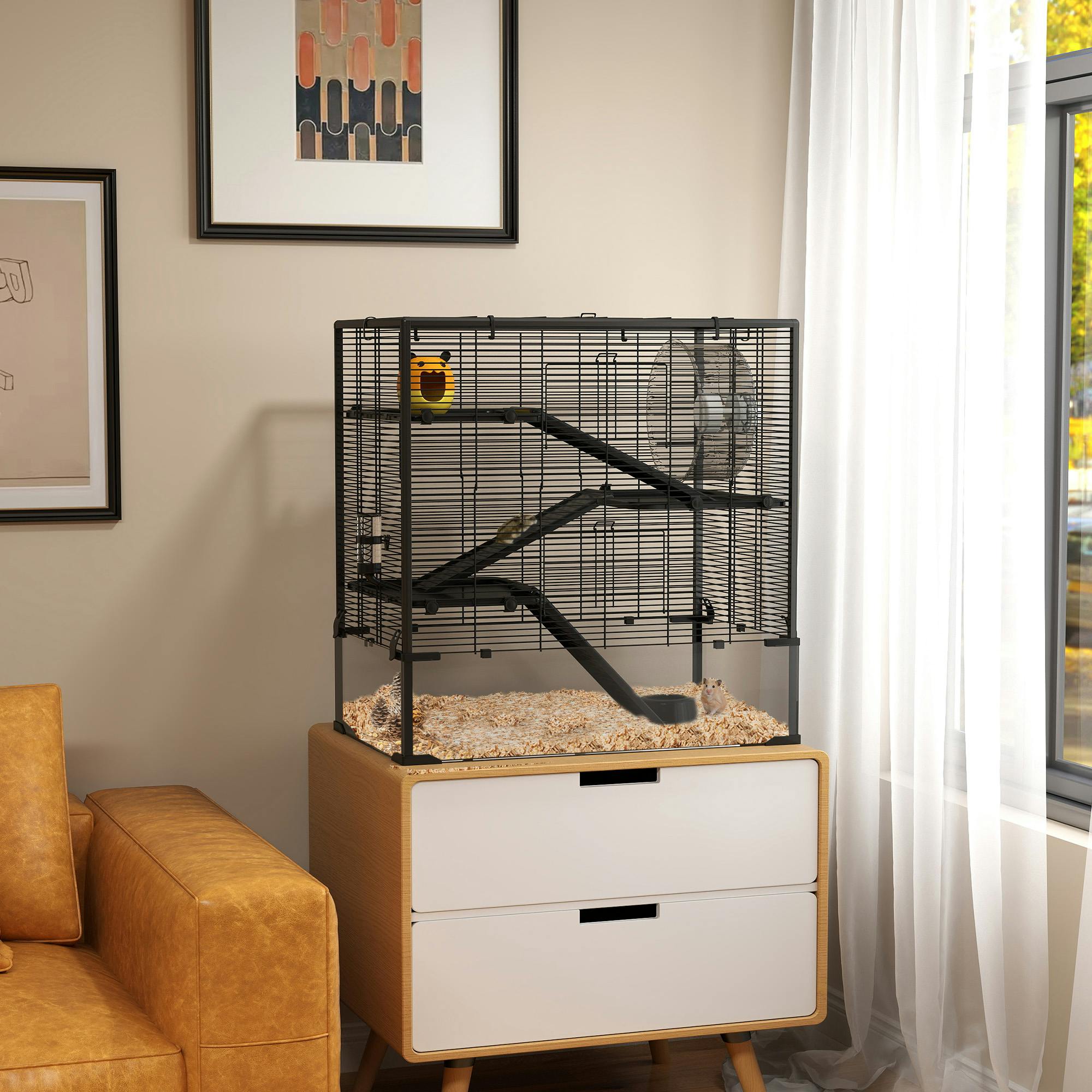 PawHut 4 Tier Hamster Cage - Black - Tempered Glass Bottom - Image 3