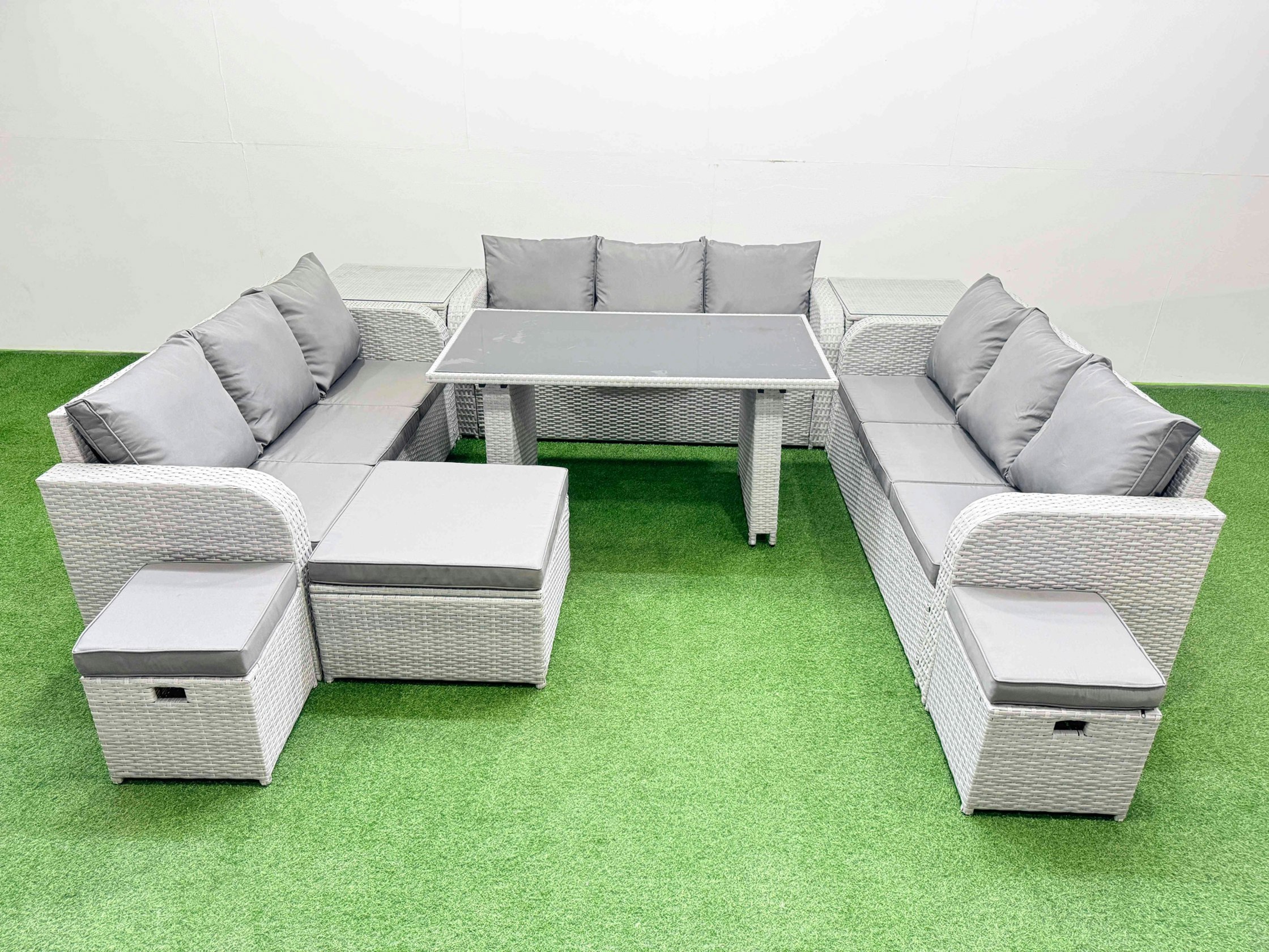 Rackhams Black/Light/Grey Patio Garden Furniture Sets With Glass Top Dining Table 3 Seater Sofa 2 Side Tables 3 Stool