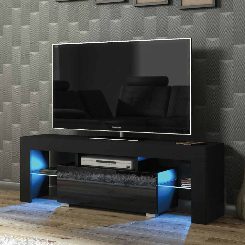 Rackhams Black 130Cm Tv Unit Cabinet Stand With High Gloss Doors And Free Led Lights - 130 Cm - 1 - Mdf/Chipboard