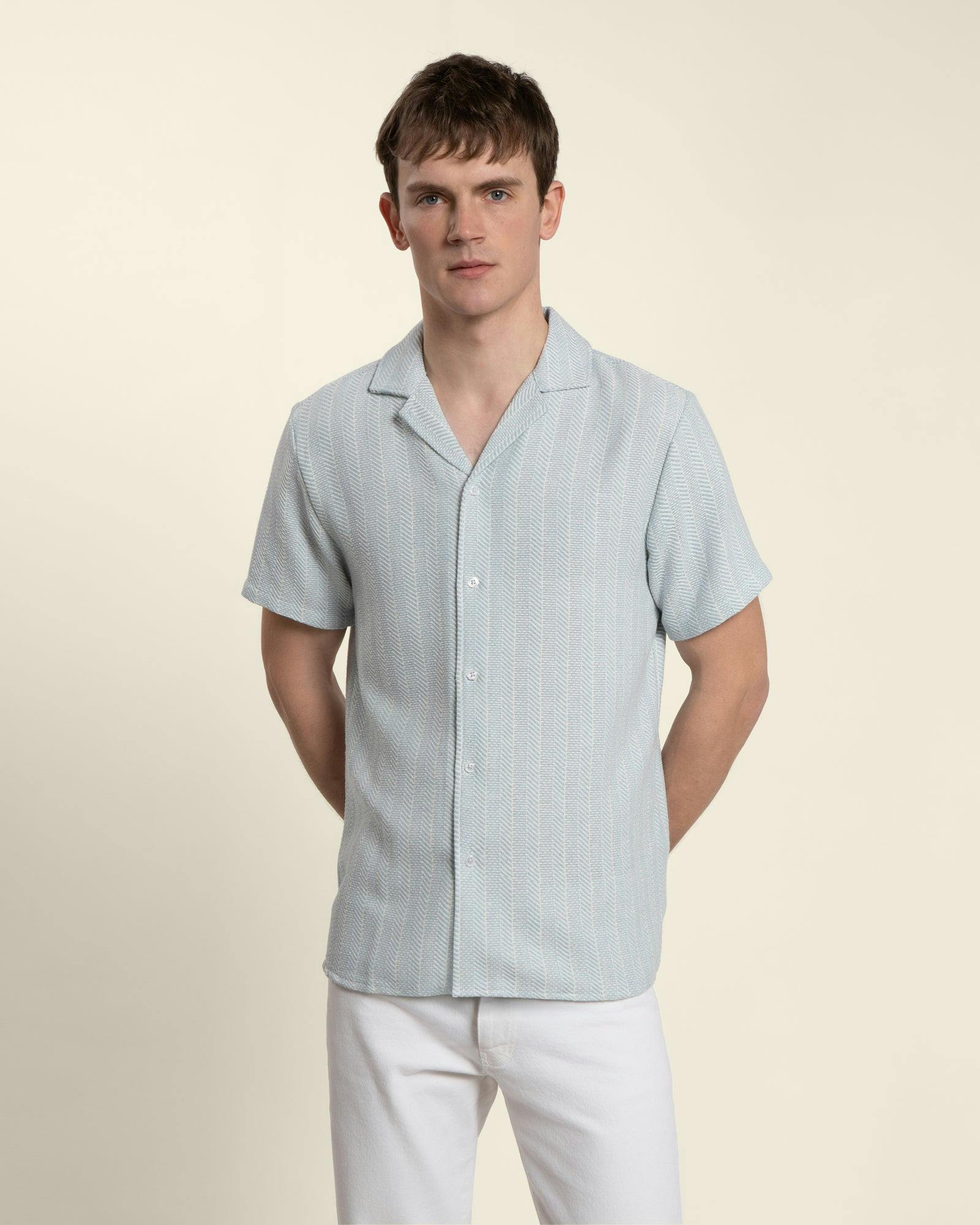 Larsson & Co Blue Twill Textured Short Sleeve Shirt - M