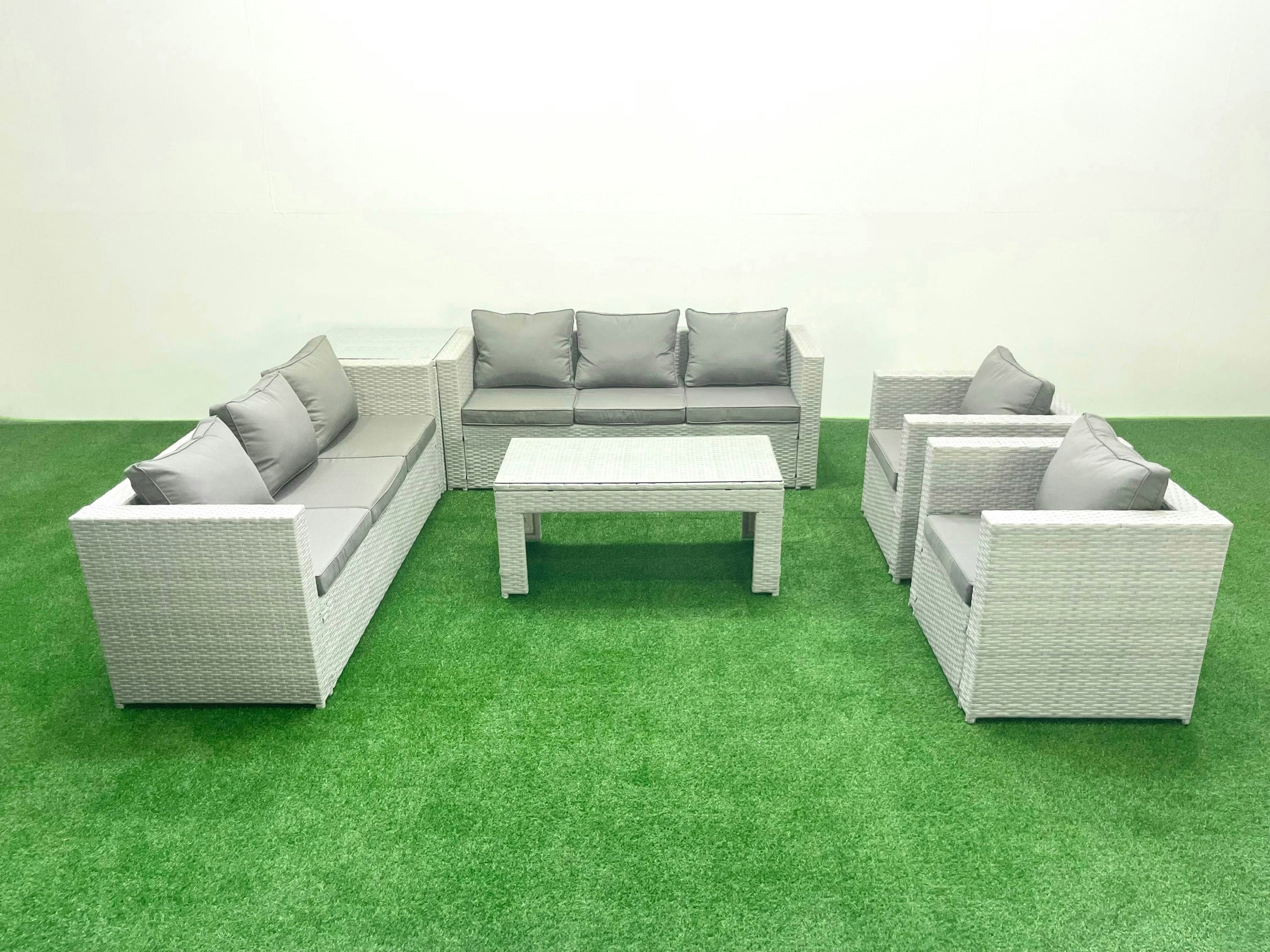 Rackhams Light/Grey Outdoor Garden Furniture Rattan Sofa Set With 2 Armchairs Oblong Coffee Table Side Table Mixed