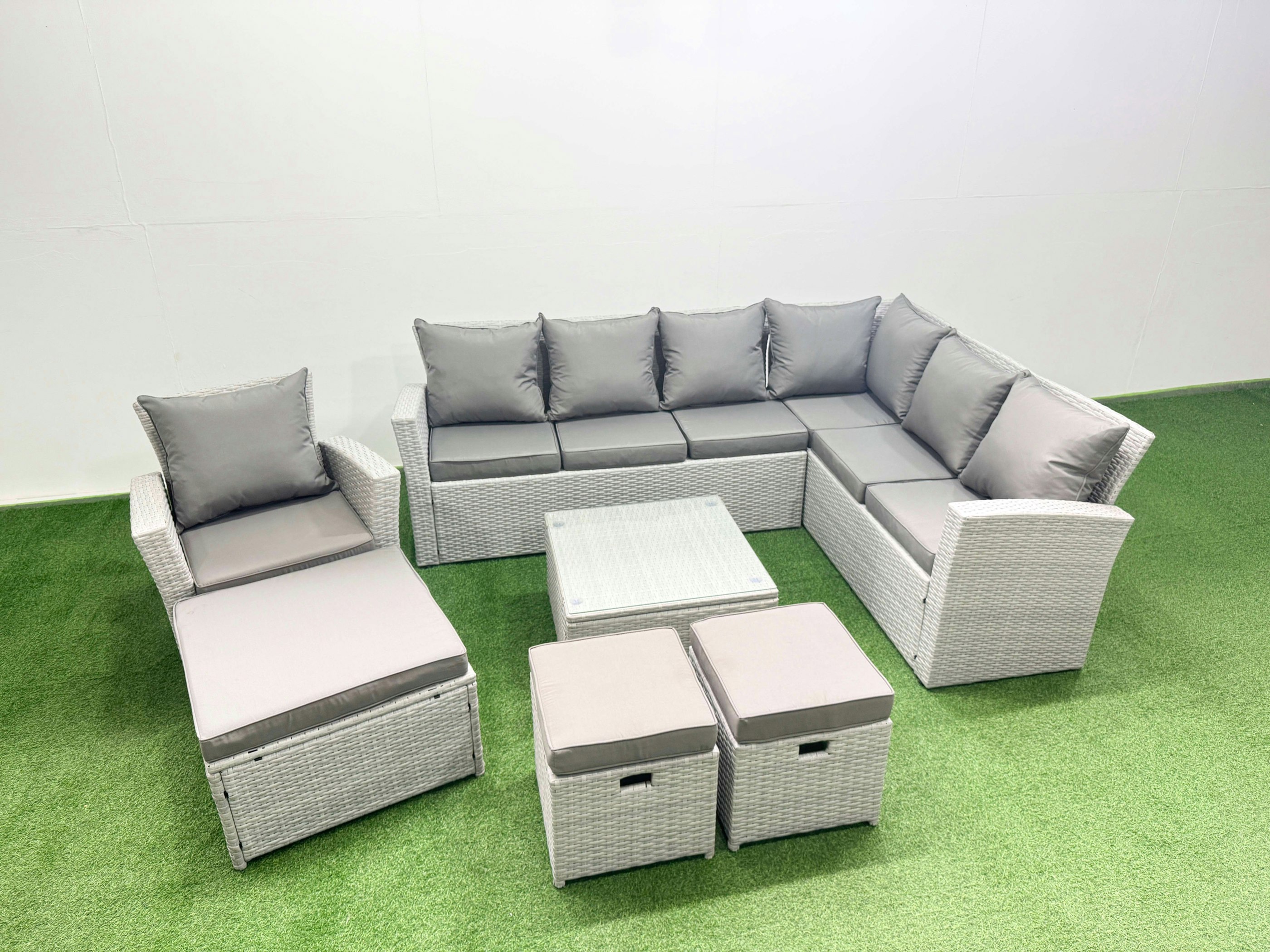 Fimous Light/Grey Rattan Garden Outdoor Furniture Set 10 Seater Rattan Garden Sofa Set With Armchair 3 Footstools Mixed