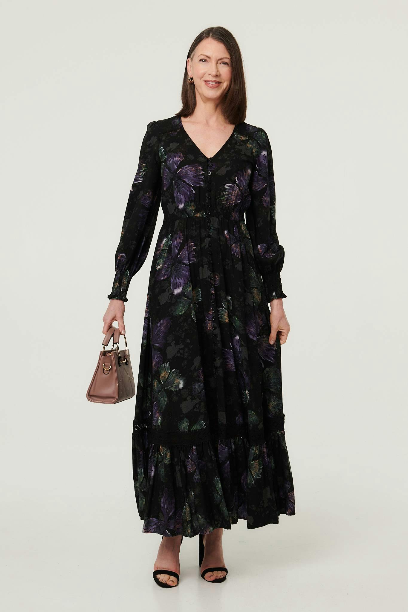 Izabel London Black Floral Tier Long Sleeve Maxi Dress - 14