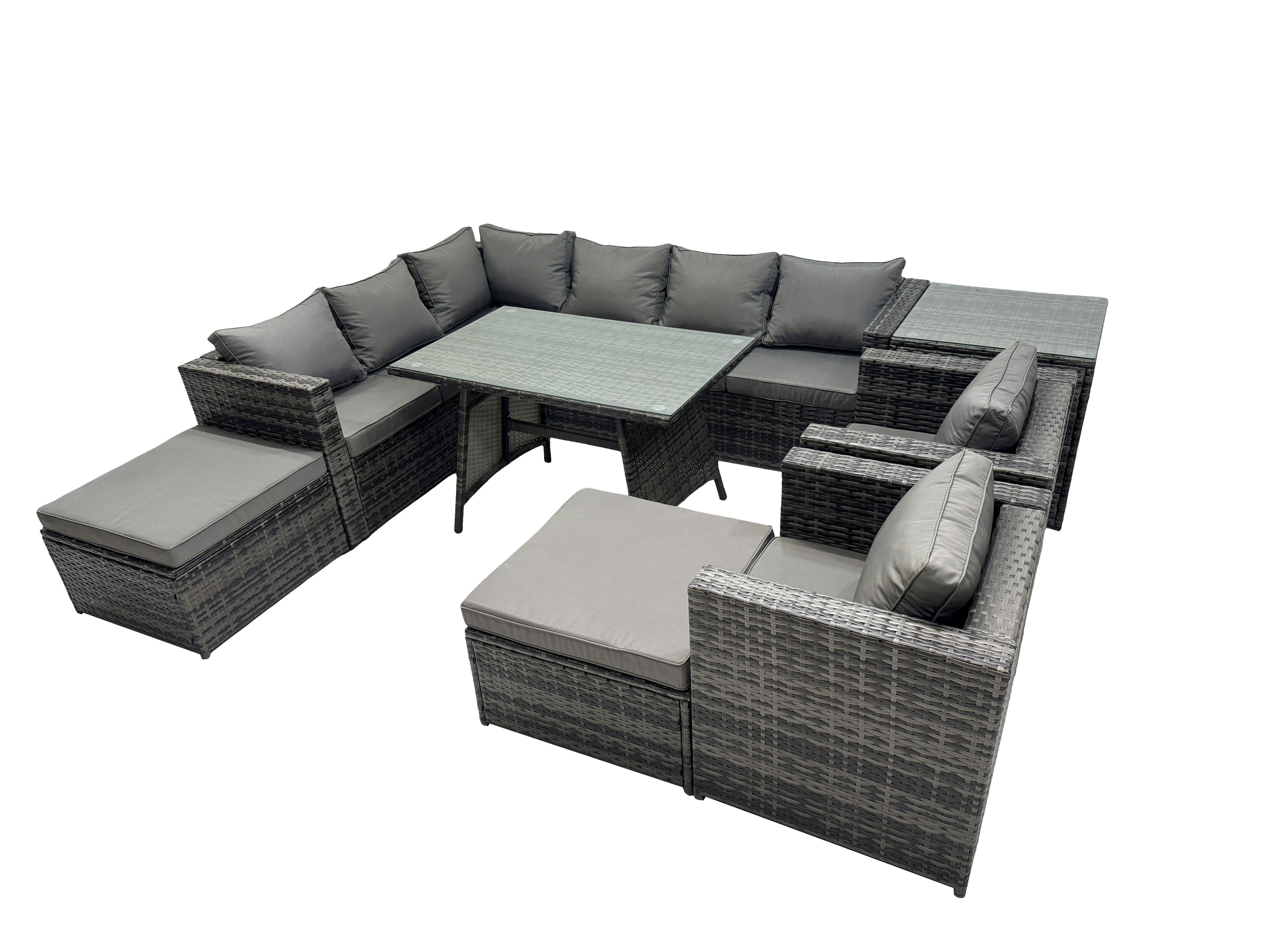 Rackhams Dark/Grey 10 Seater Outdoor Pe Rattan Sofa Set With Dining Table Patio Garden Furniture Sets With 2 Chair 2 Big Stools Side Table Mixed