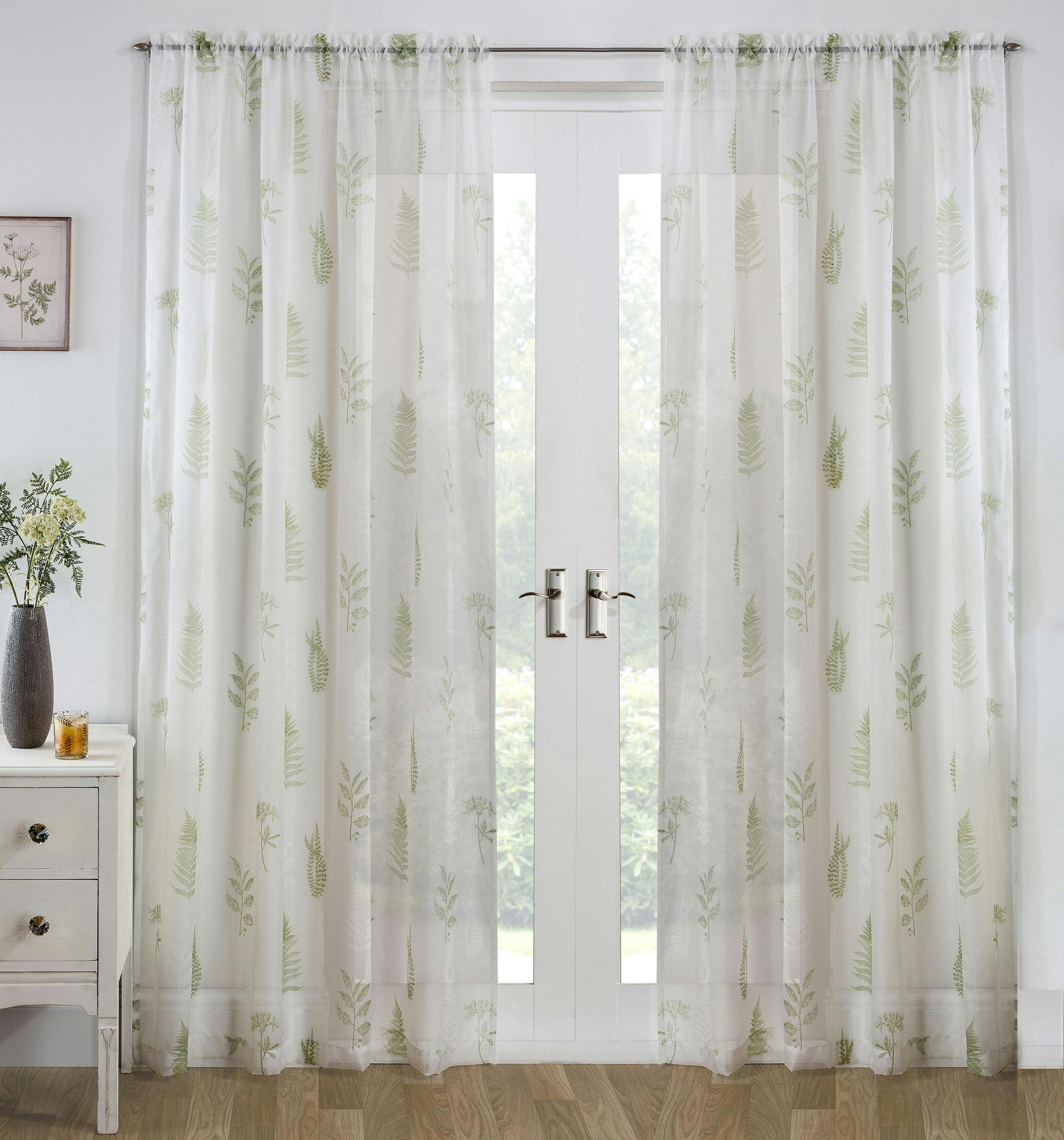 Rackhams Green Bracken Floral Leaf Voile Panel With Rod Pocket Header For Living Room & Bedrooms - 55" (140Cm) Width X 48" (122Cm) Drop