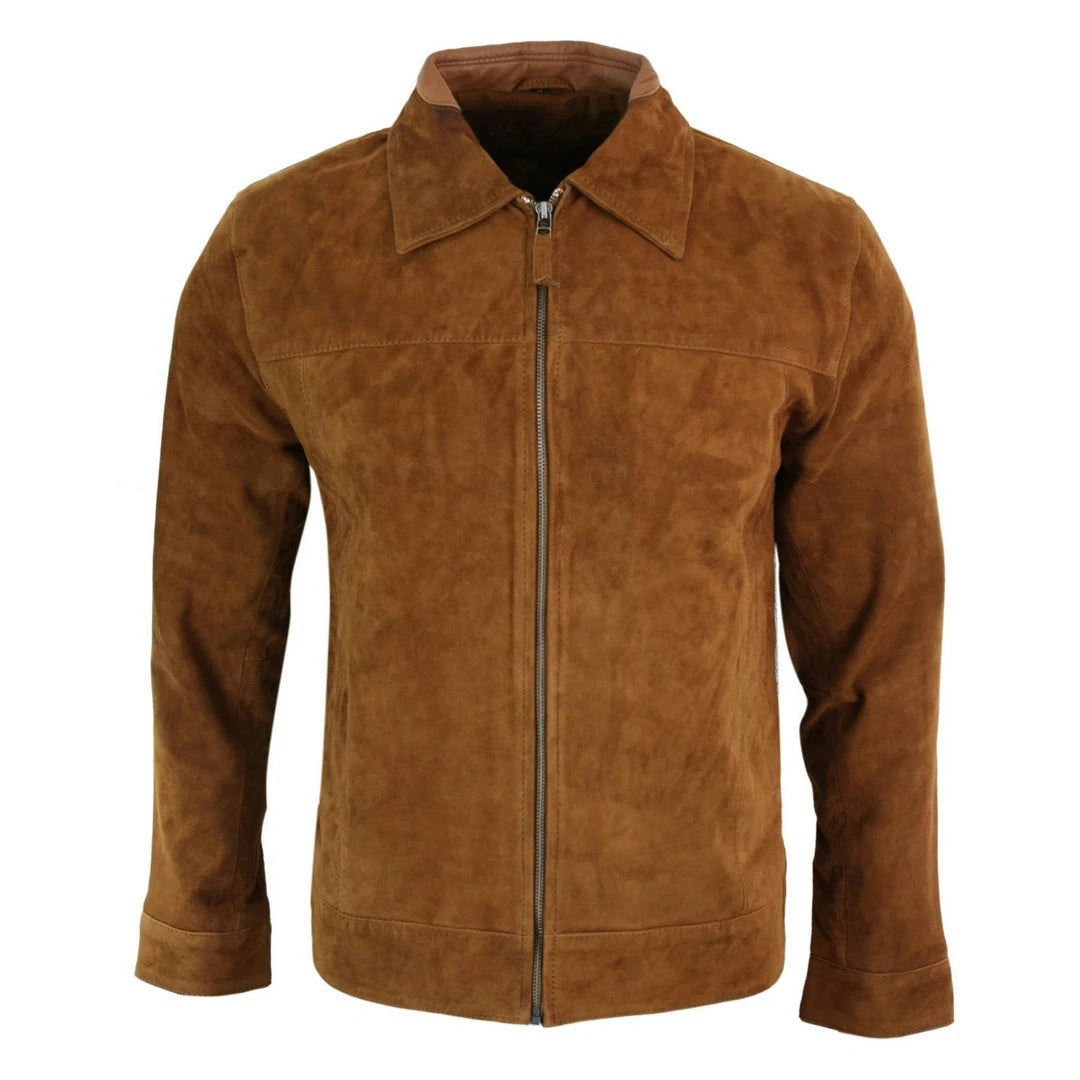 Infinity Leather Men's Leather Company Suede Leather Classic Zip Jacket Camel Turn Down Collar - Small