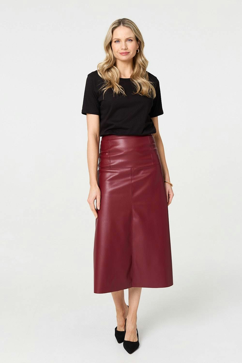 Izabel London Burgundy Faux Leather High Waist Midi Skirt - 8
