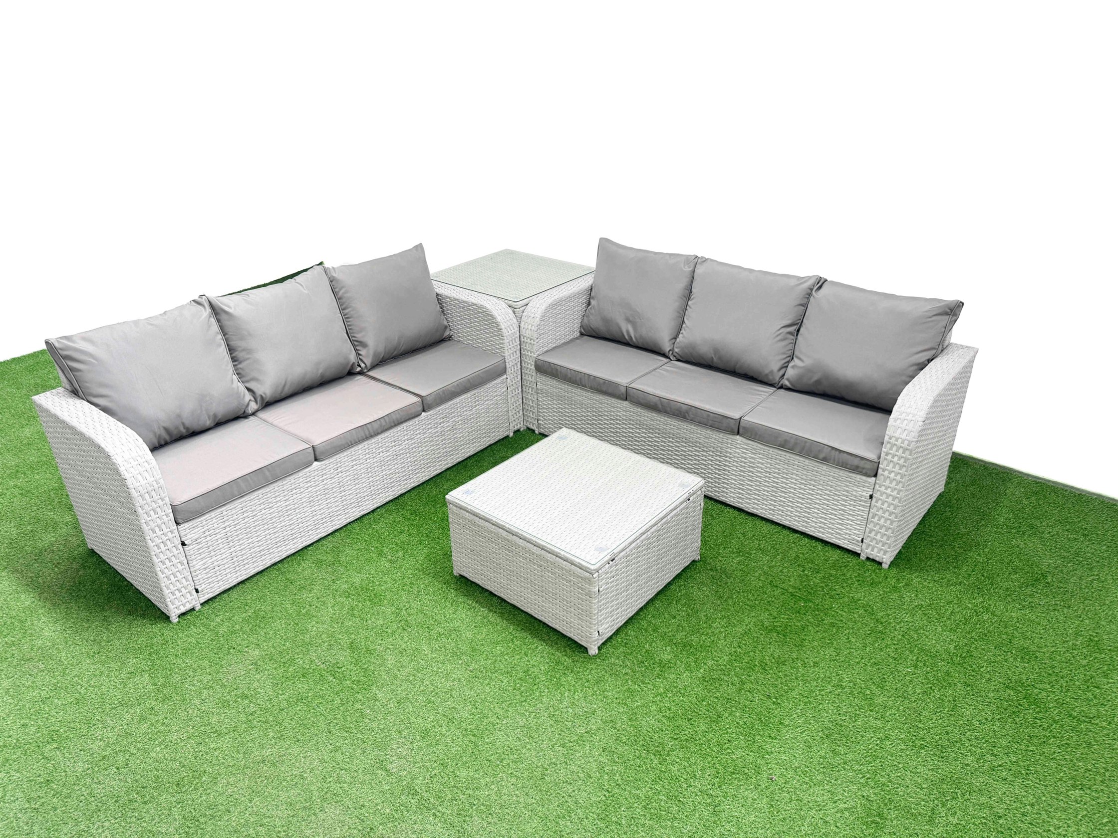Fimous Light/Grey Outdoor Garden Furniture Sets 6 Seater Wicker Rattan Furniture Sofa Sets With Square Coffee Table High Back Lounge Sofa Side Table