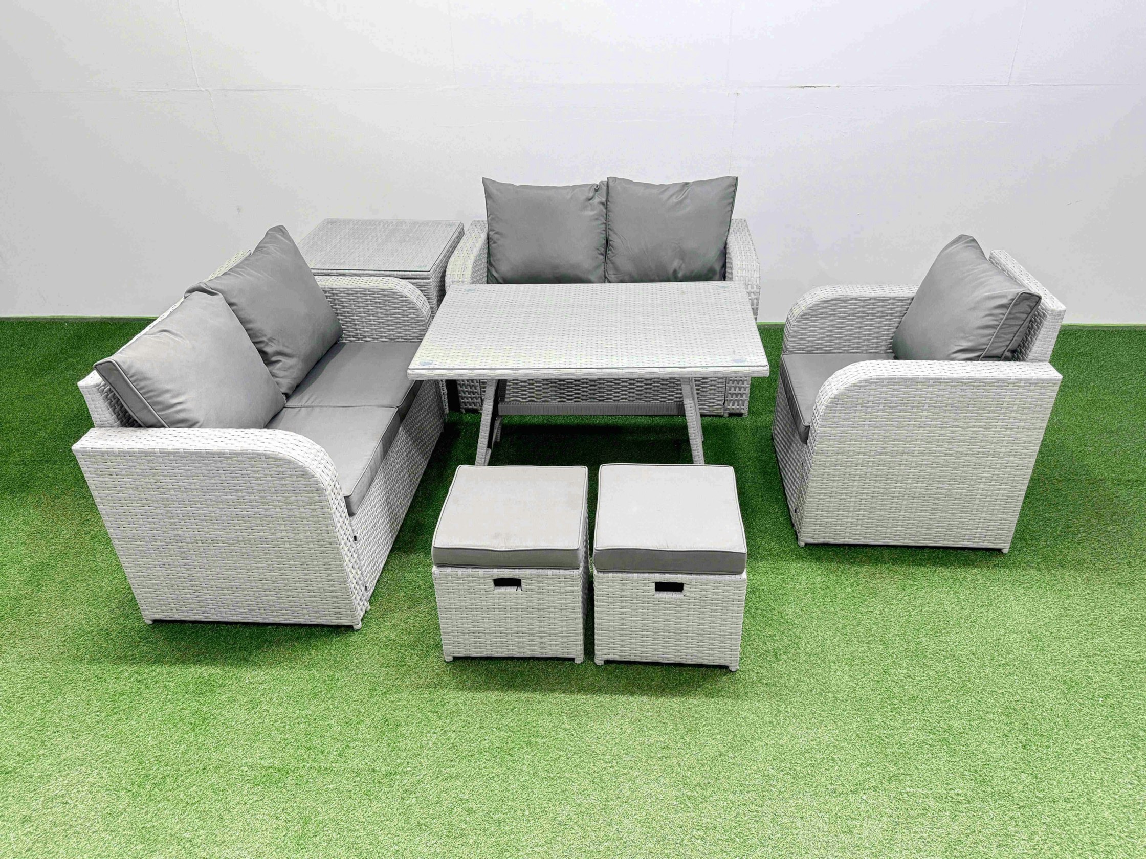 Rackhams Light/Grey 7 Seater Outdoor Rattan Garden Furniture Set Love Sofa Reclining Chair With Rectangular Dining Table Side Table 2 Small Footstools