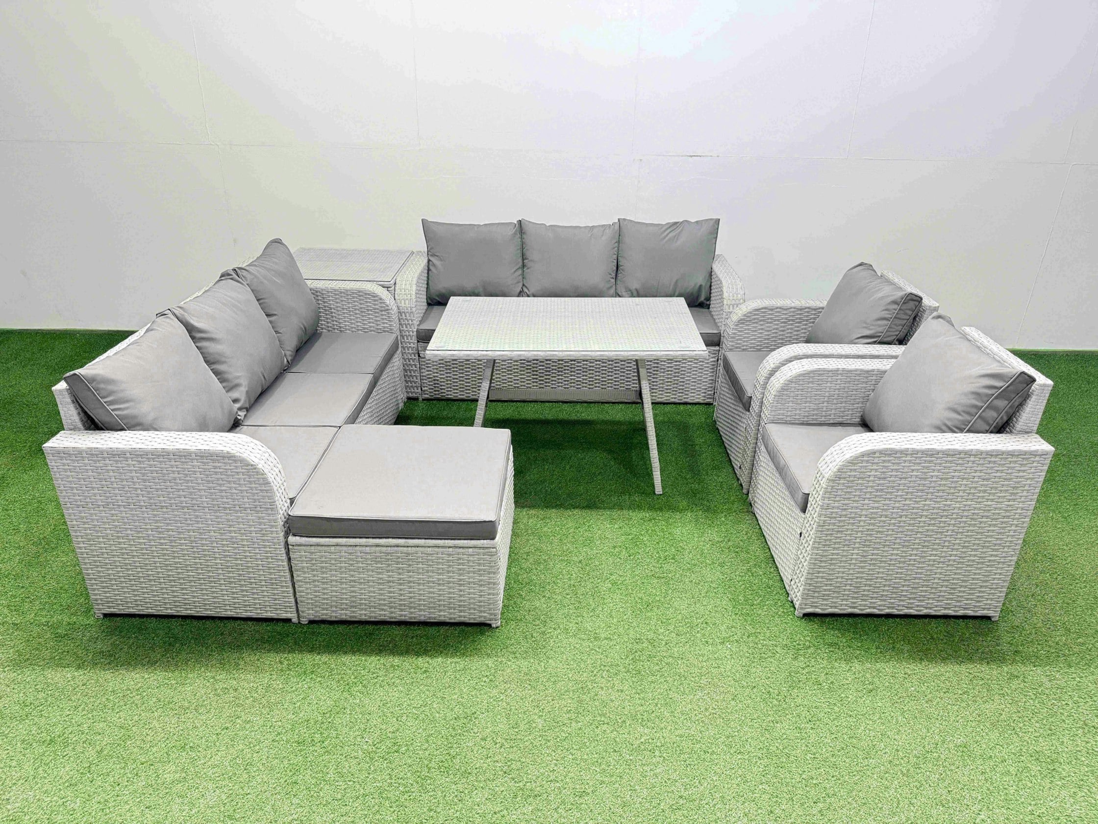 Rackhams Light/Grey Rattan High Back Lounge Sofa Set Patio Dining Table & Chairs Set With 3 Seater Sofa 2 Reclining Chairs Side Table Big Stool