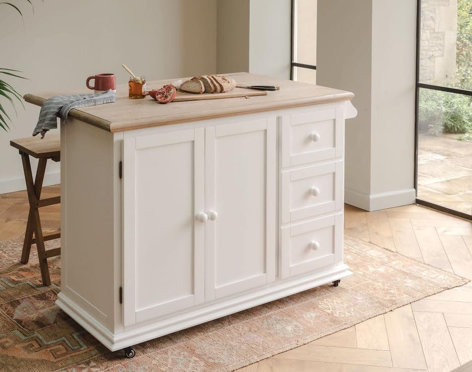Rackhams White Shire Breakfast Bar Kitchen Storage Trolley With Oak Top Extendable Rolling Kitchen Island