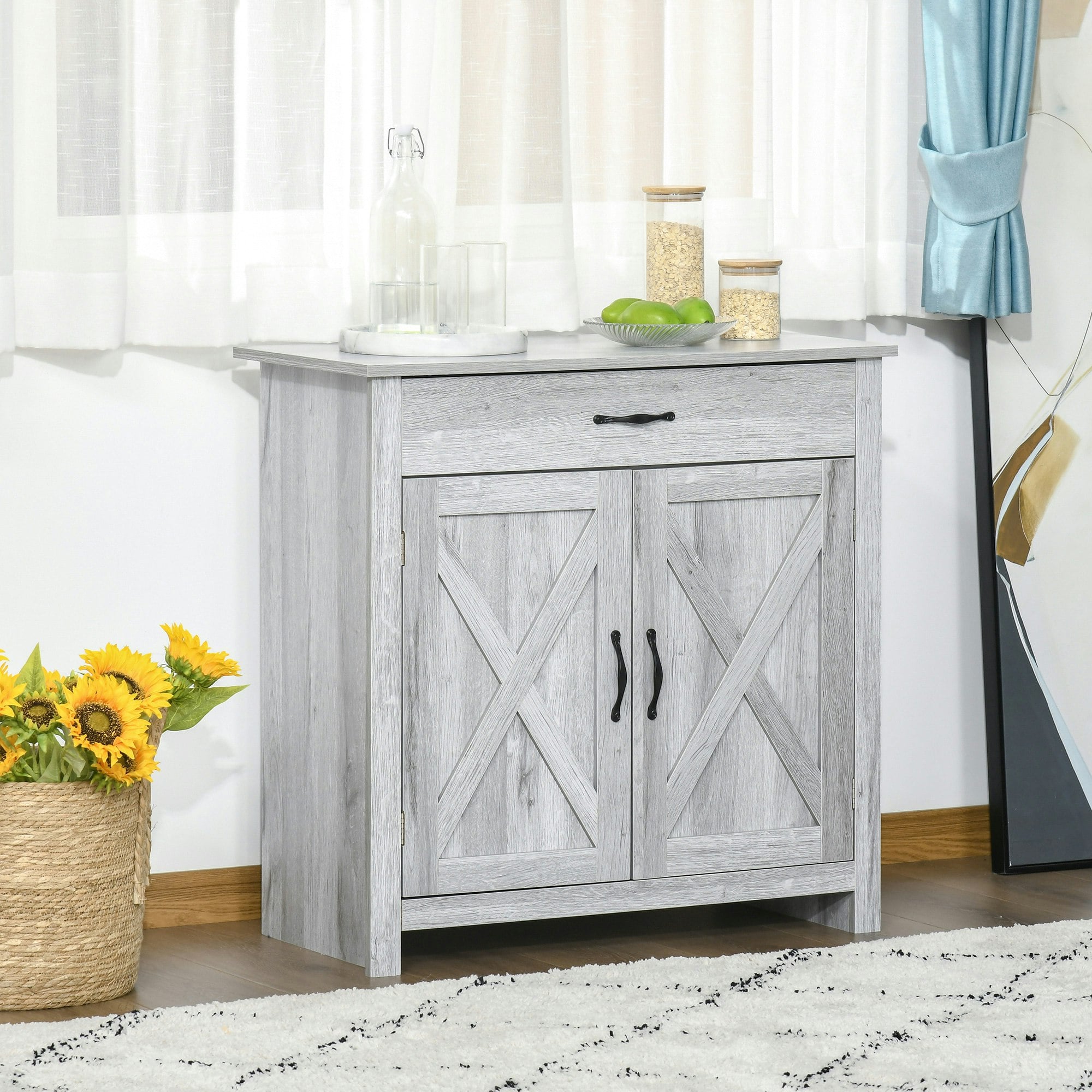 Homcom Grey/Grain Farmhouse Barn Door Sideboard Accent Buffet Cabinet Coffee Bar