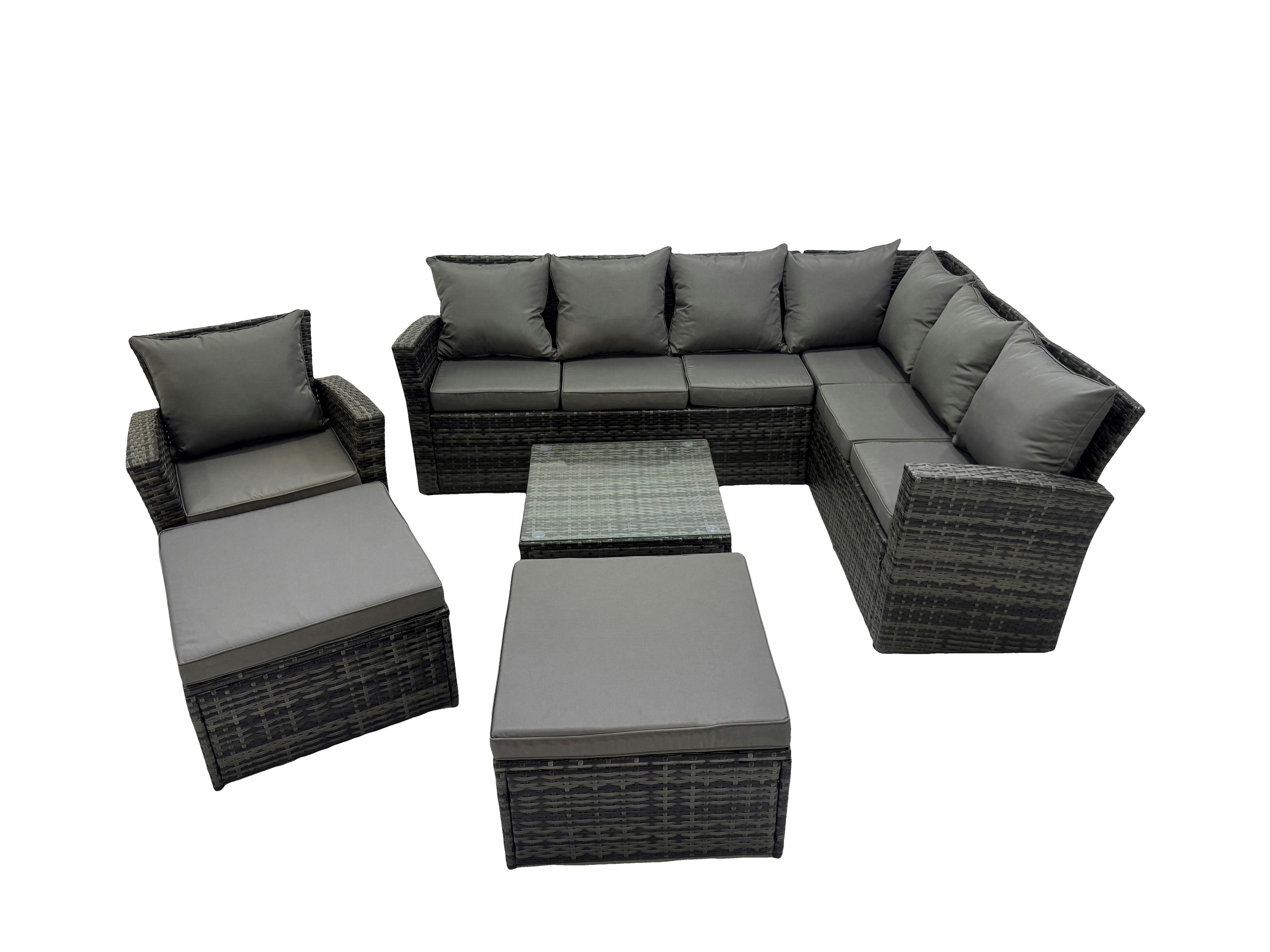 Fimous Dark/Grey Rattan Garden Outdoor Furniture Set 9 Seater Garden Sofa Coffee Table Sets With Chair 2 Big Footstools Mixed