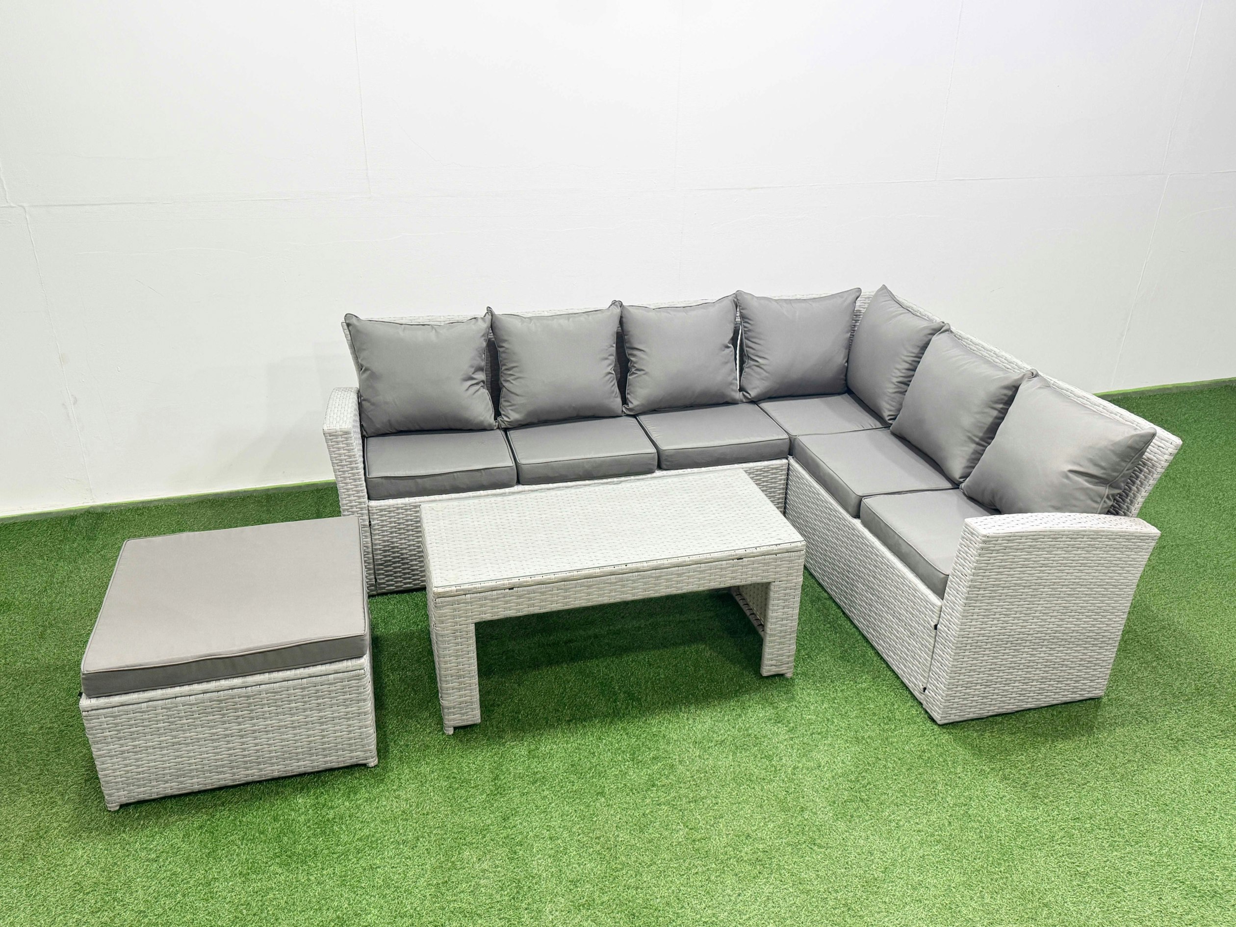 Rackhams Light/Grey 7 Seater Garden Outdoor Rattan Furniture Set Rattan Corner Sofa Oblong Coffee Table Set With Big Footstool Mixed