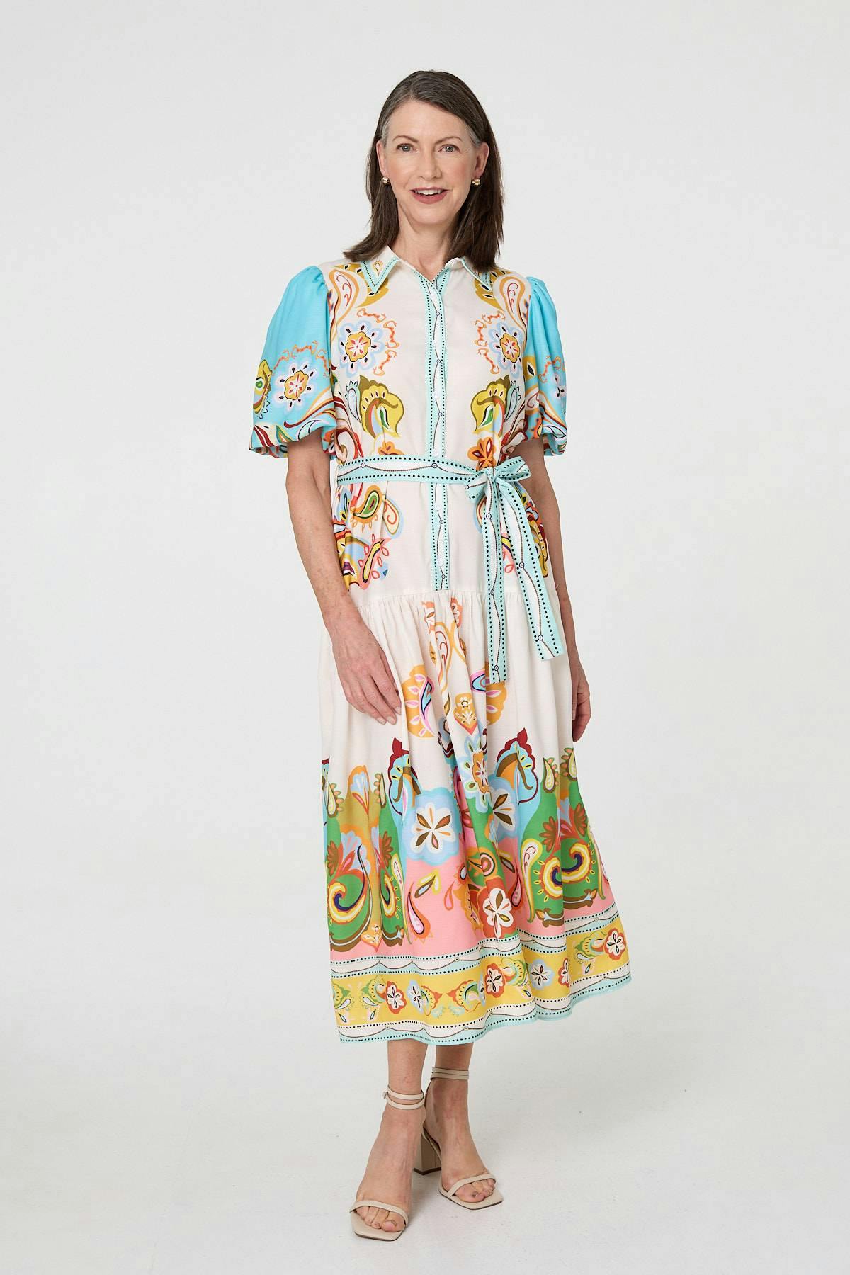 Izabel London Beige Abstract Border Tie Waist Midi Dress - 12