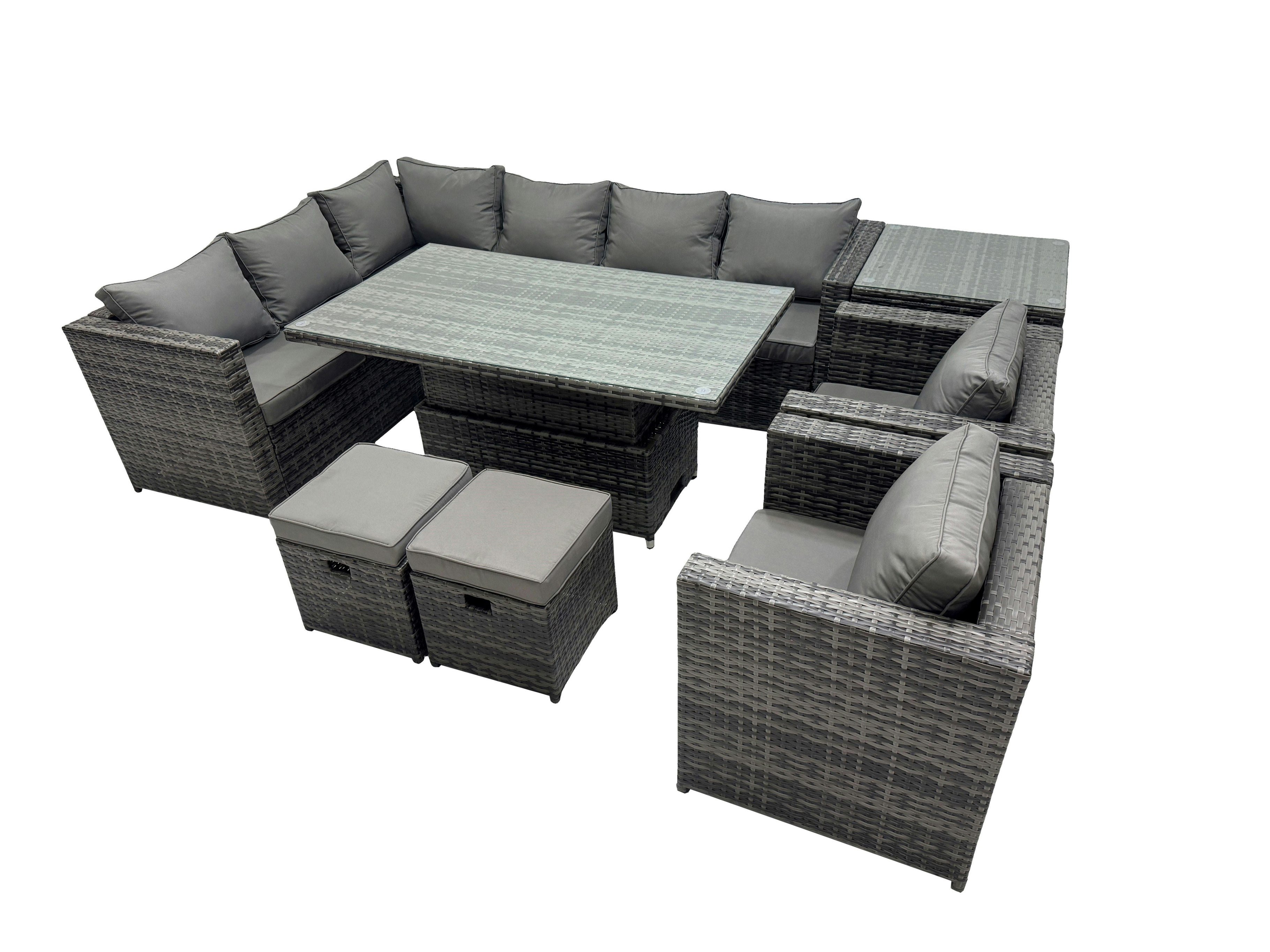 Fimous Dark/Grey 10 Seater Height Adjustable Rising Table Corner Sofa Set Rattan Garden Furniture Dining Set With 2 Small Stool Side Table Mixed