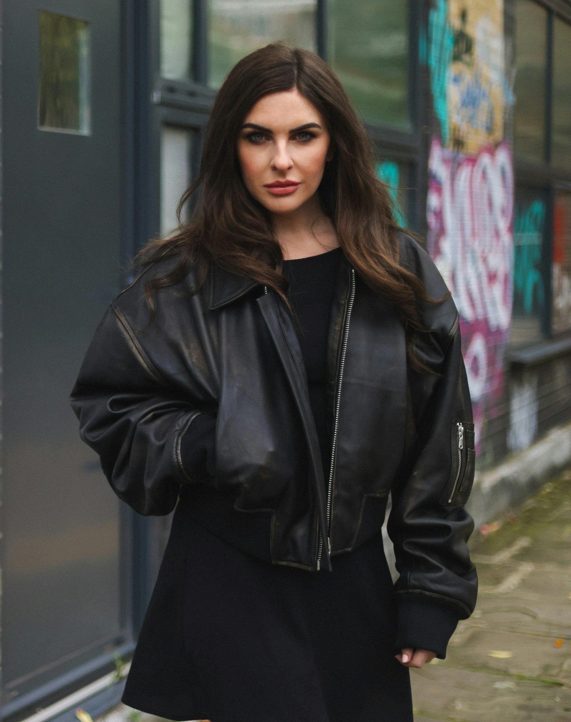 Infinity Leather Women's Black Oversized Leather Ma-1 Bomber Jacket - Warrington - Vintage - Uk S/10 | Eu 36 | Us 6