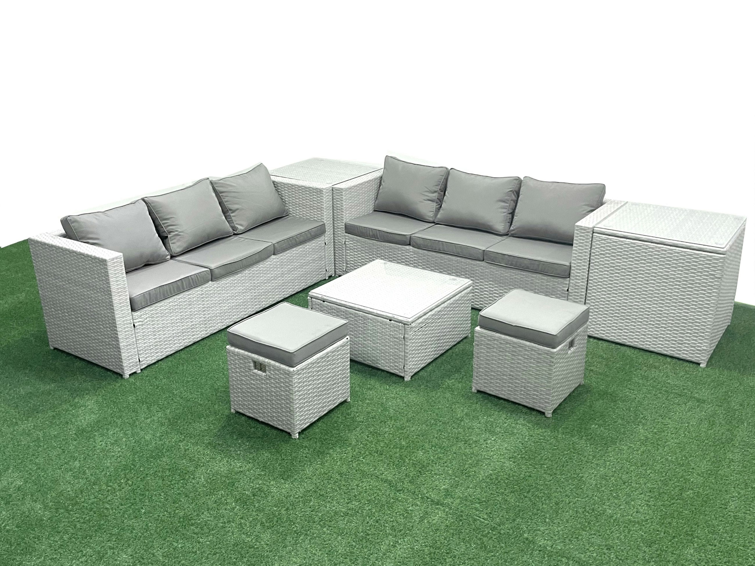 Rackhams Light/Grey Rattan Garden Outdoor Furniture Set 8 Seater Rattan Garden Sofa Set With 2 Small Footstool 2 Side Tables Mixed