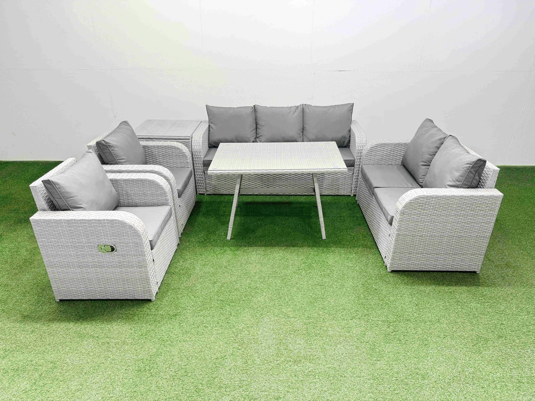 Fimous Light/Grey Pe Rattan Garden Furniture Set Outdoor Rectangular Dining Table Sofa Set With Reclining Chair Side Table