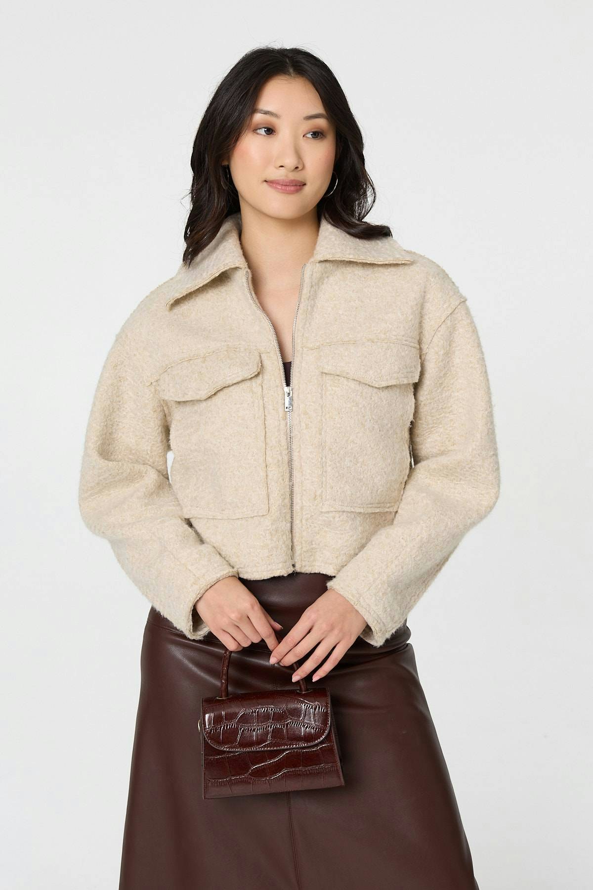 Izabel London Beige Collared Pocket Front Cropped Jacket - L