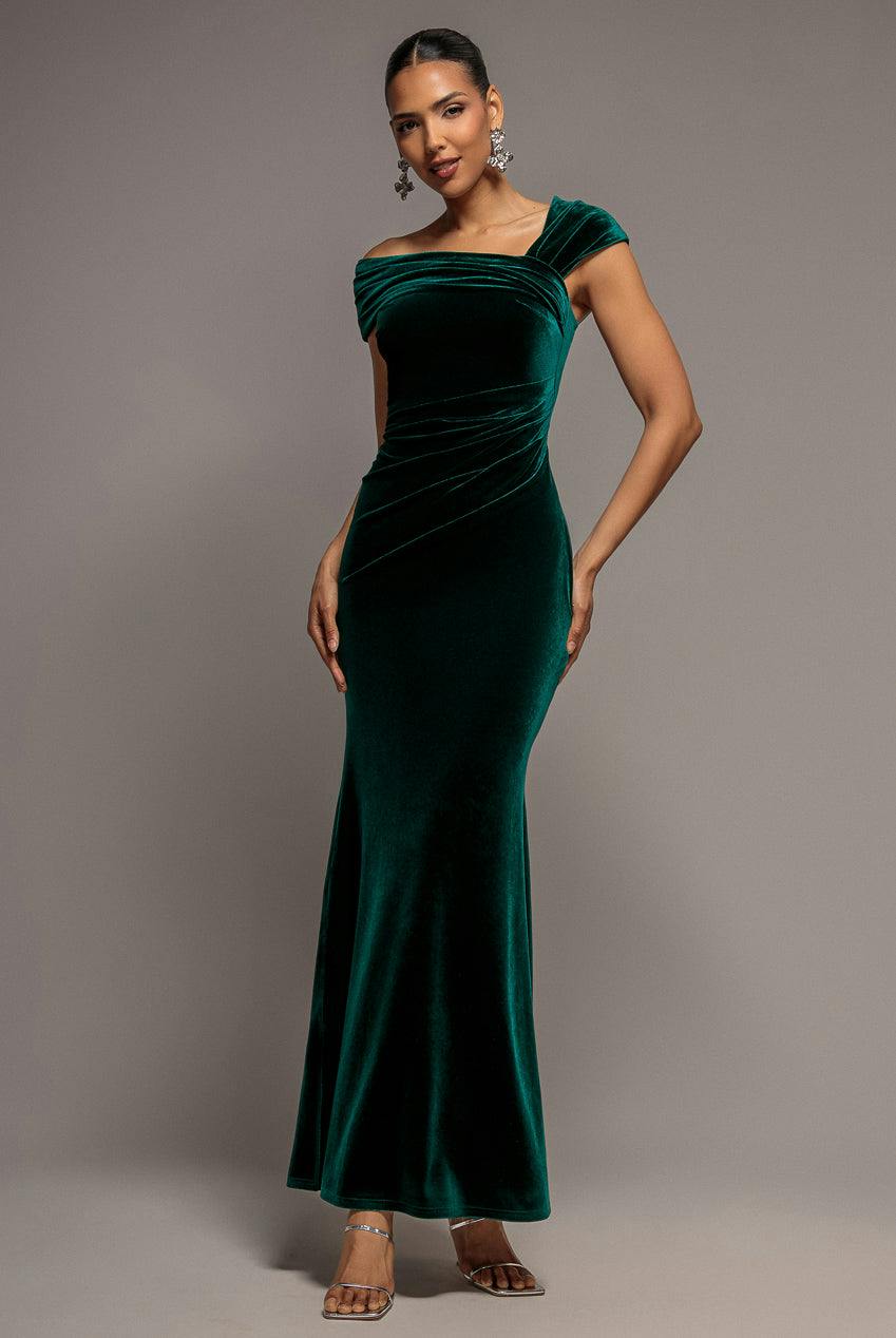 Goddiva Women's Emerald One Shoulder Velvet Maxi Dress In Size 18 - Image 3