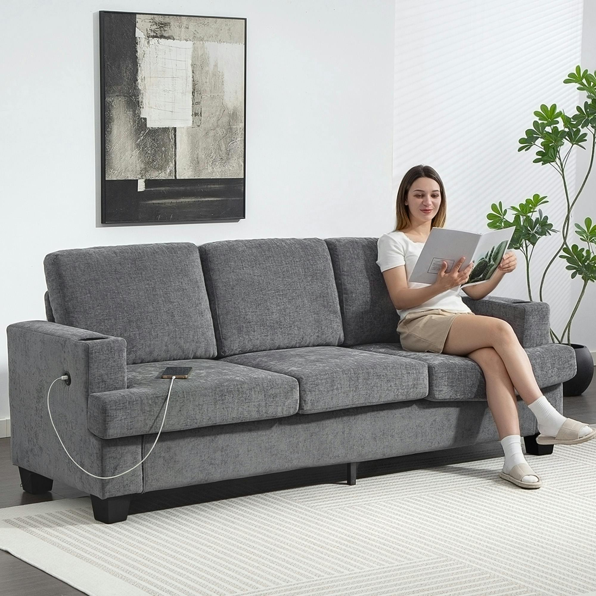 Homcom Cream/Grey 3 Seater Sofa, Fabric Sofa With Usb Ports And Cup Holders, - Both Sides - 1