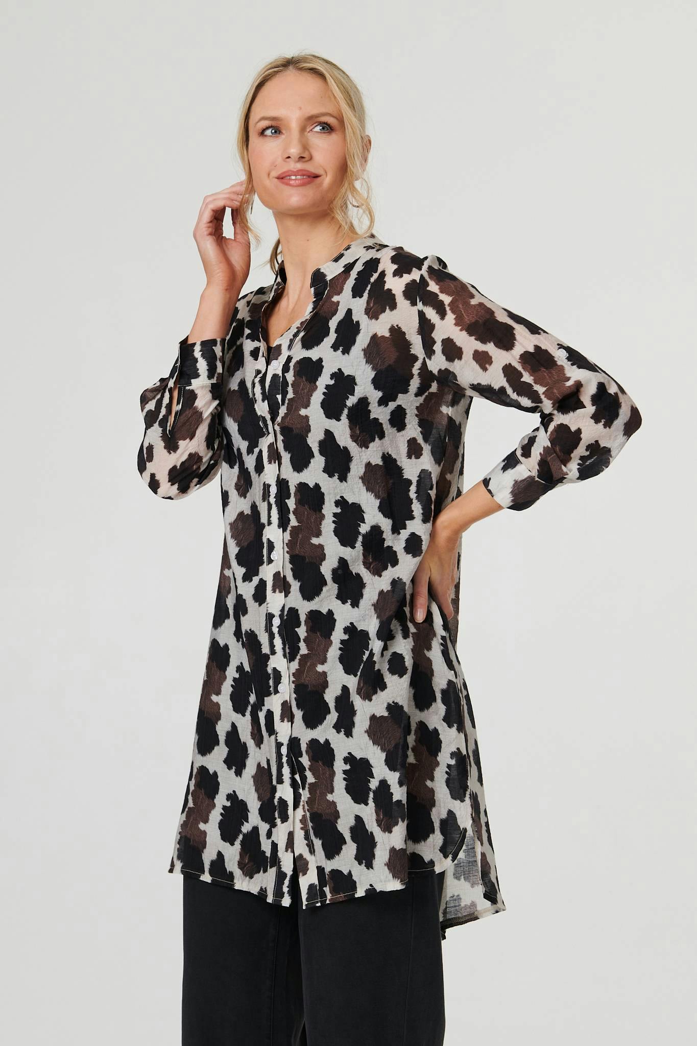 Izabel London Brown Animal Print Longline Semi Sheer Shirt - 8