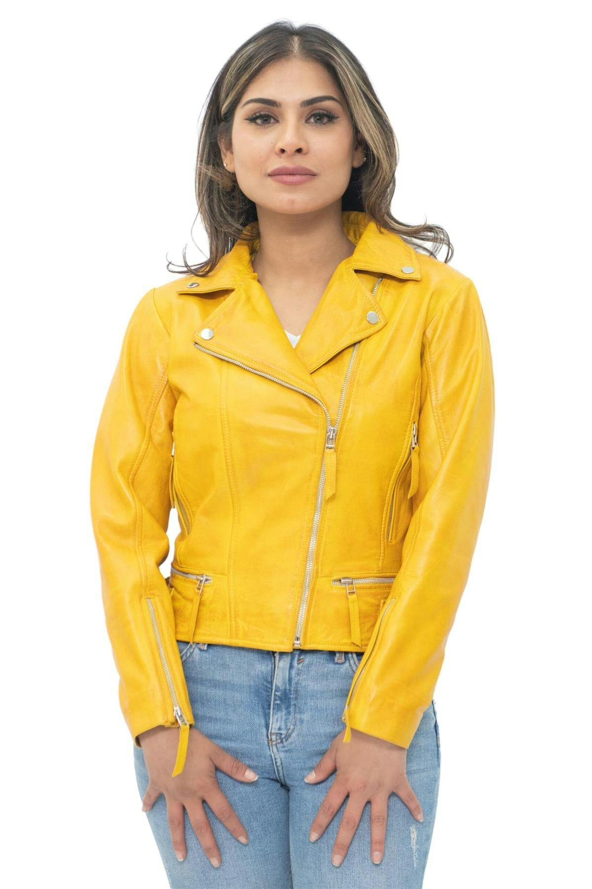 Infinity Leather Women's Yellow Leather Biker Jacket-Stockholm - Uk 4XL/22 | Eu 48 | Us 18