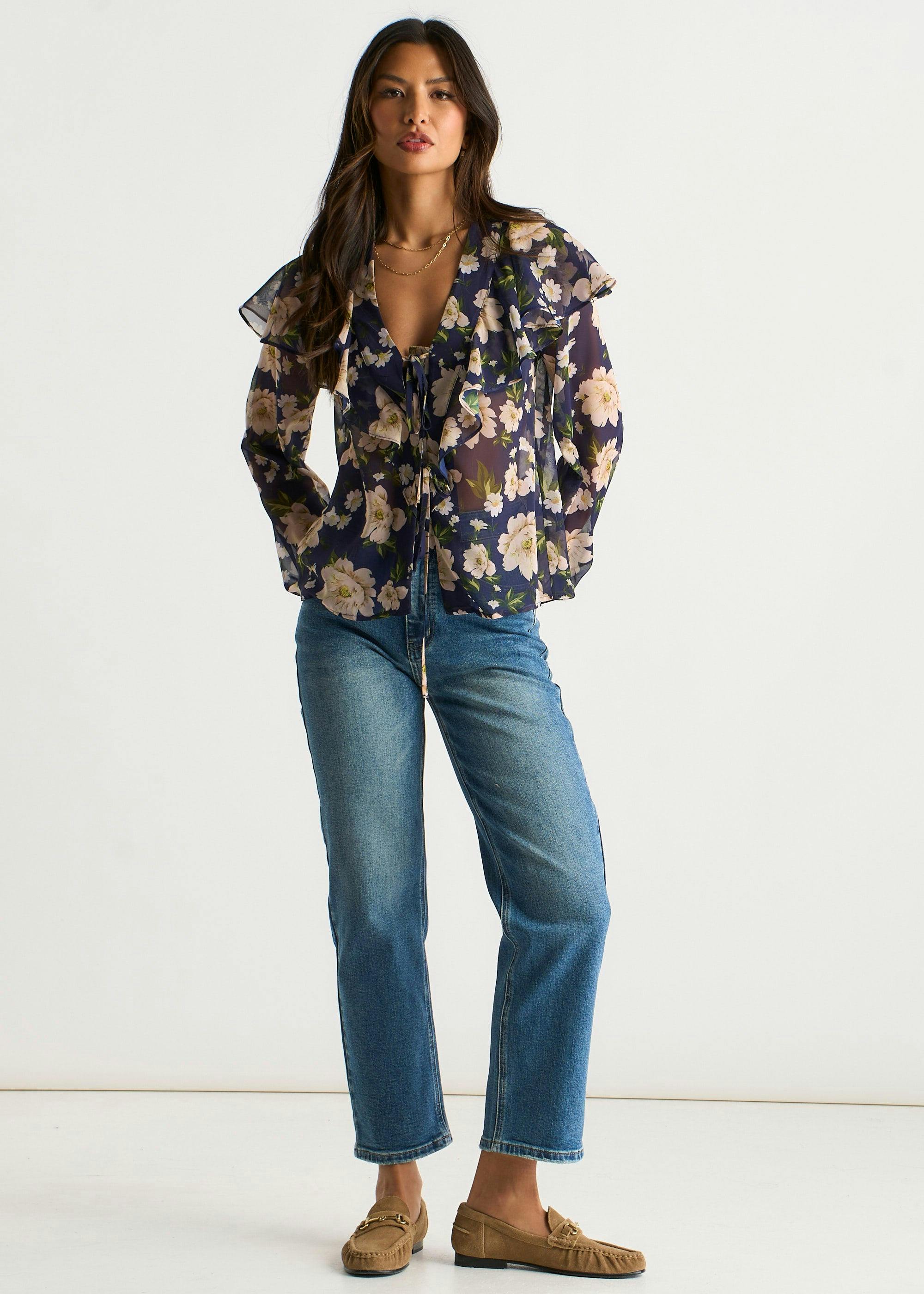 Gini London Navy Floral Ruffle Front Blouse - Uk 8 / Us 4 / Eu 36