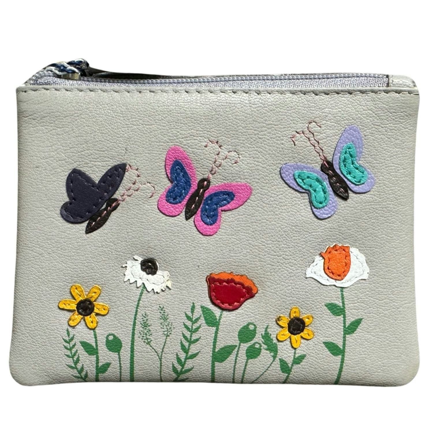 Mala Leather Grey Sophia Butterflies & Flowers Leather Coin And Card Purse
