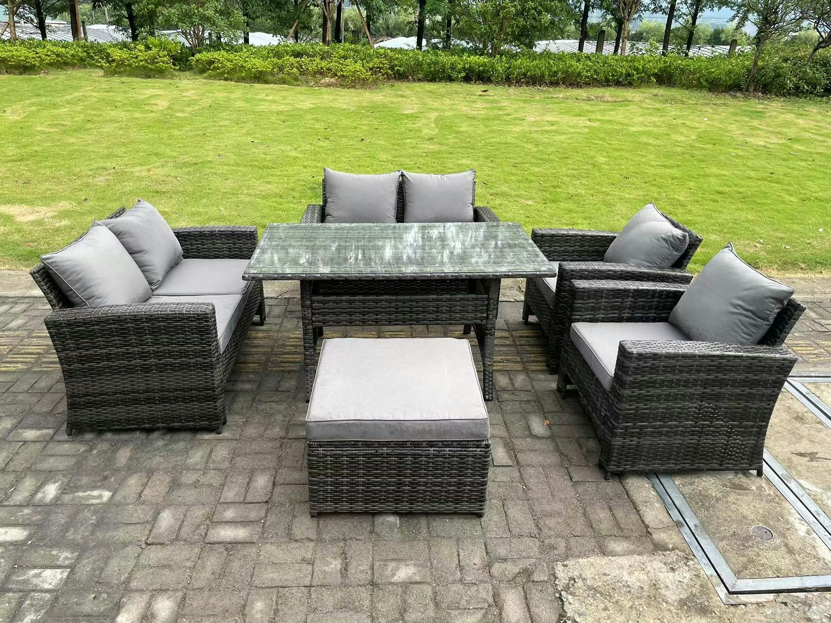 Fimous Dark/Grey 7 Seater High Back Mixed Rattan Sofa Dining Table Set Garden Furniture Love Sofa Arm Chair