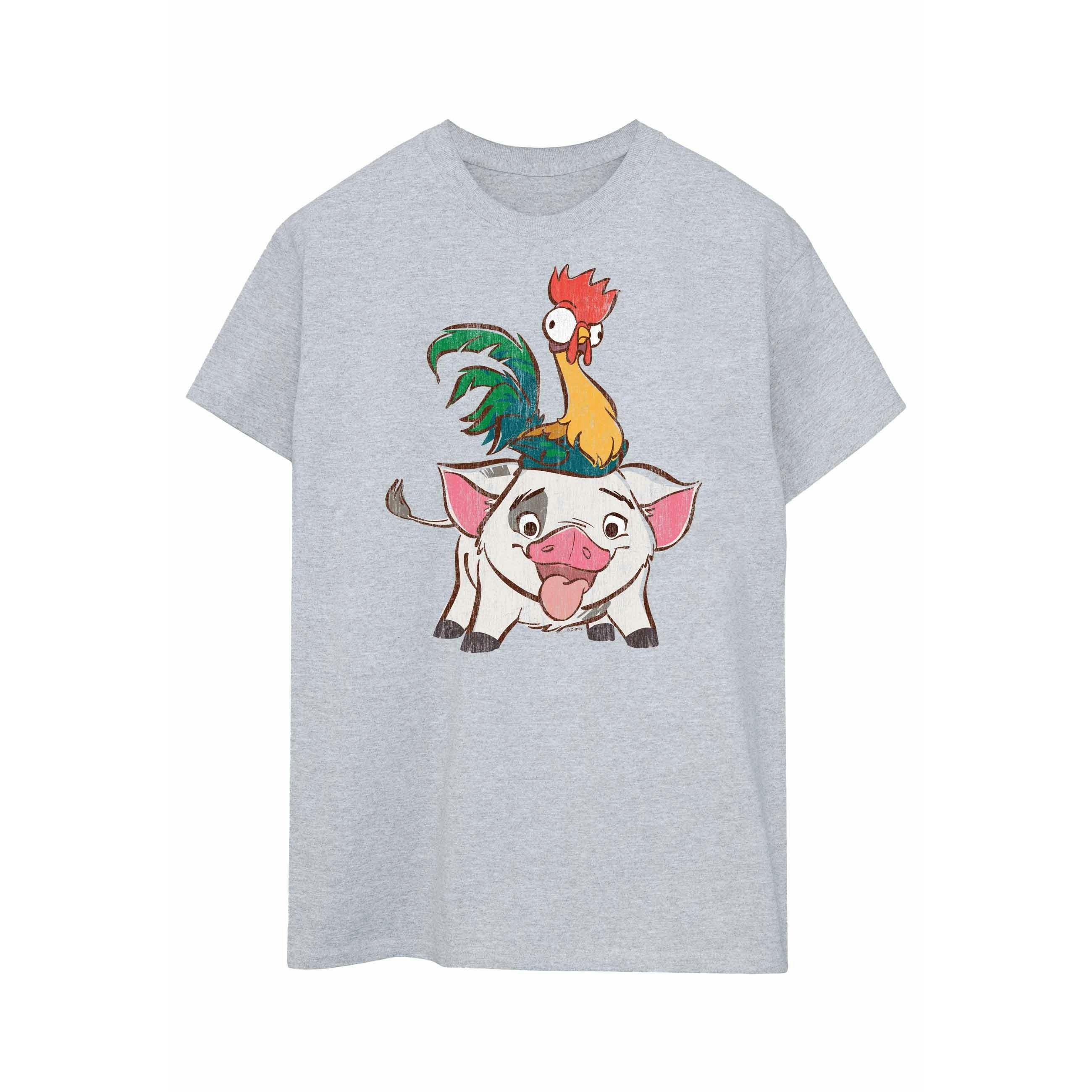Disney Women's Grey Moana Hei Hei And Pua Cotton Boyfriend T-Shirt - Sports - Sports - Xxl