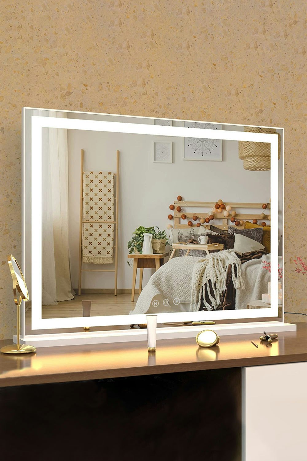Living And Home White Vanity Mirror With Lights,3 Lighting Modes,Touch Screen Control,Tabletop Cosmetic Mirror For Bedroom