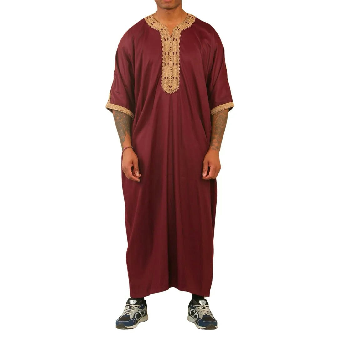 Thobez Men's Gold Hm63 - Moroccan Thobe Short Sleeve Embroidery Gandoura - 62