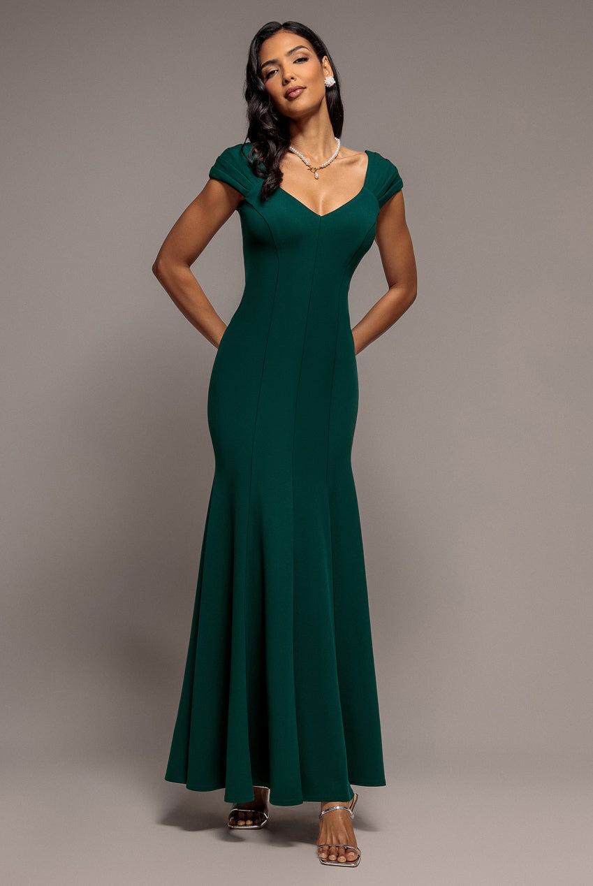 Goddiva Green Capped Sleeve V Neck Pleated Fit & Flare Maxi Dress - Emerald By - Emerald - 12