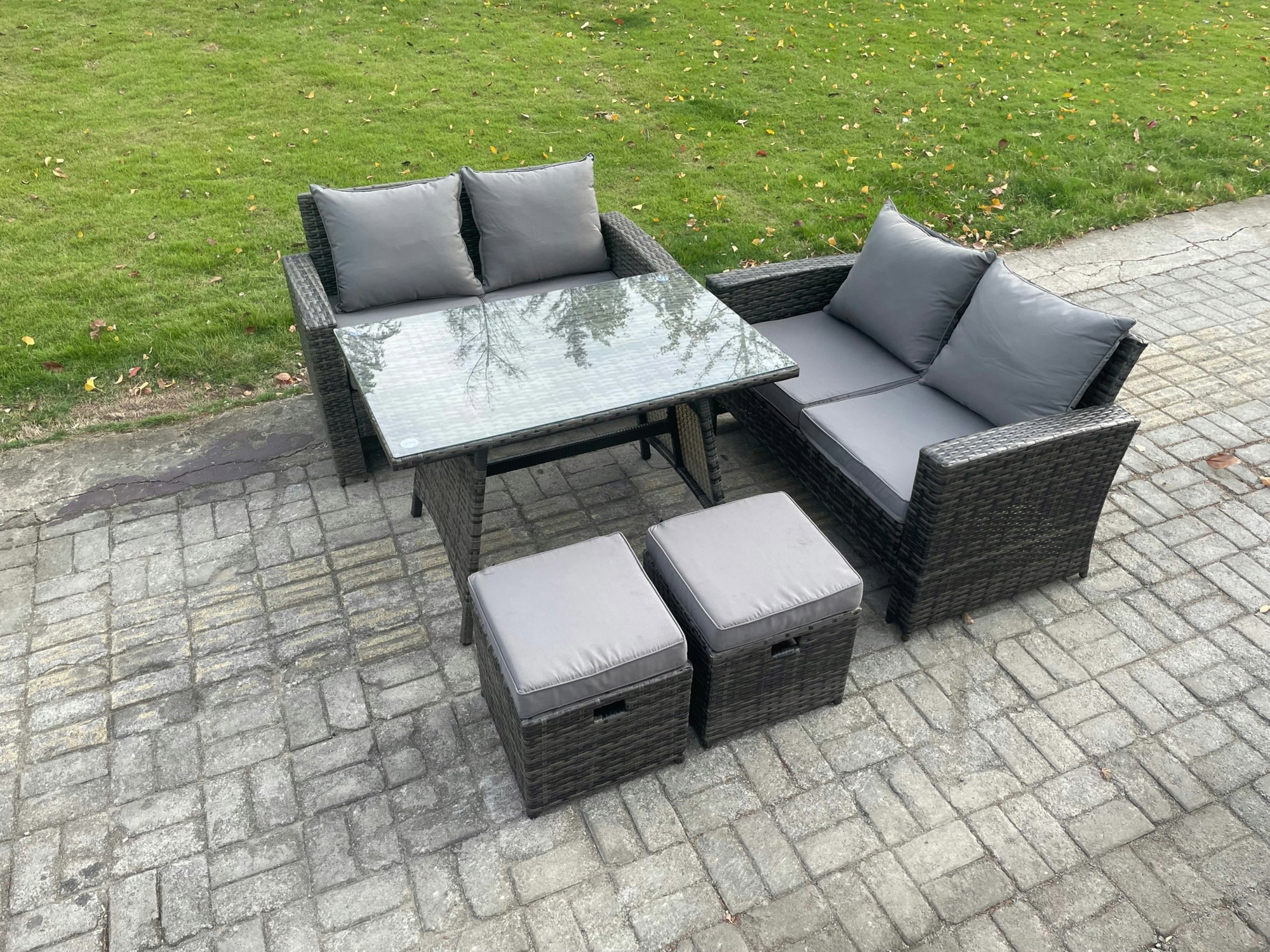 Rackhams Dark/Grey 6-Seater Rattan Outdoor Dining Set | Rectangular Table, Double Sofa, 2 Footstools