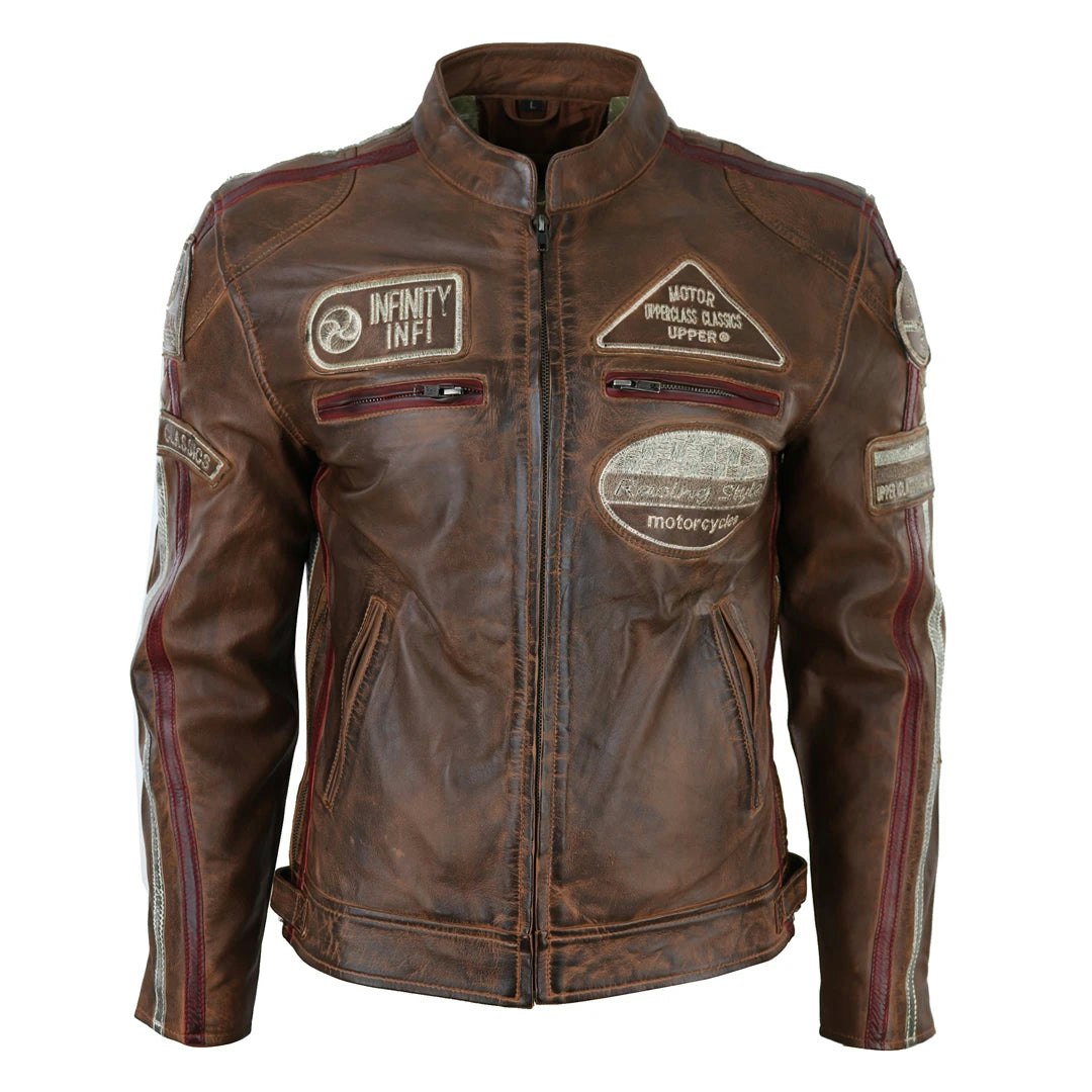 Infinity Leather Men's Brown Leather Company Zipped Biker Leather Jacket - Large