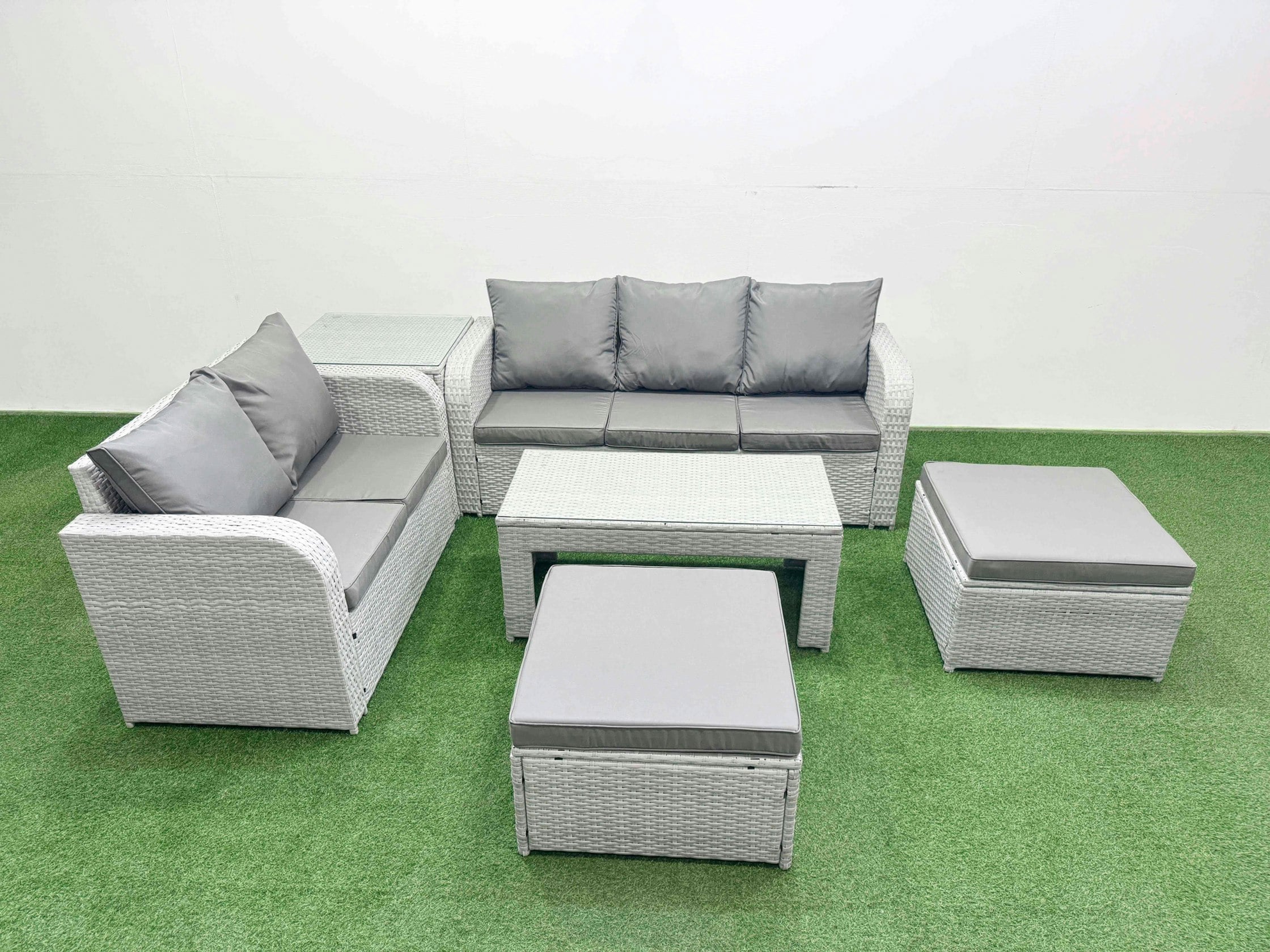 Rackhams Dark/Grey 7-Seater Pe Wicker Rattan Garden Sofa Set - Mixed Patio Conservatory Furniture With Oblong Coffee Table & 2 Big Footstools