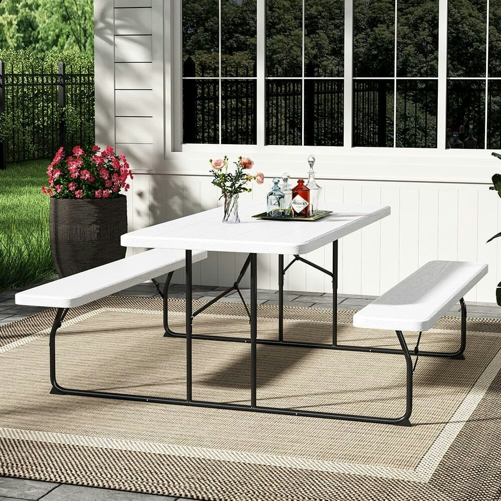 Living And Home Black/White 5Ft Foldable Picnic Table And Bench Set With Parasol Hole