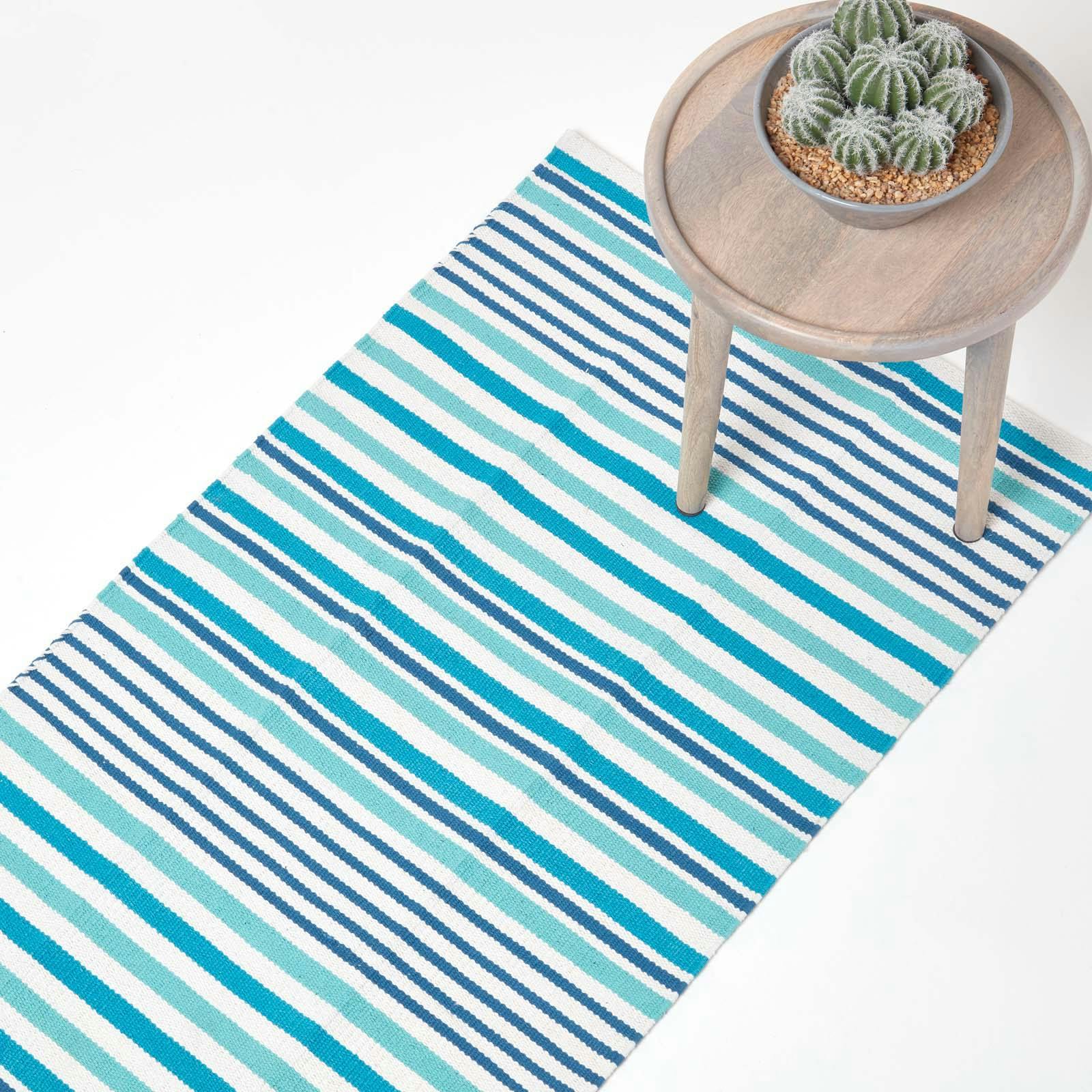 Homescapes Striped Cotton Modern Rug Scandinavian Style - Aqua - 66 X 200 Cm