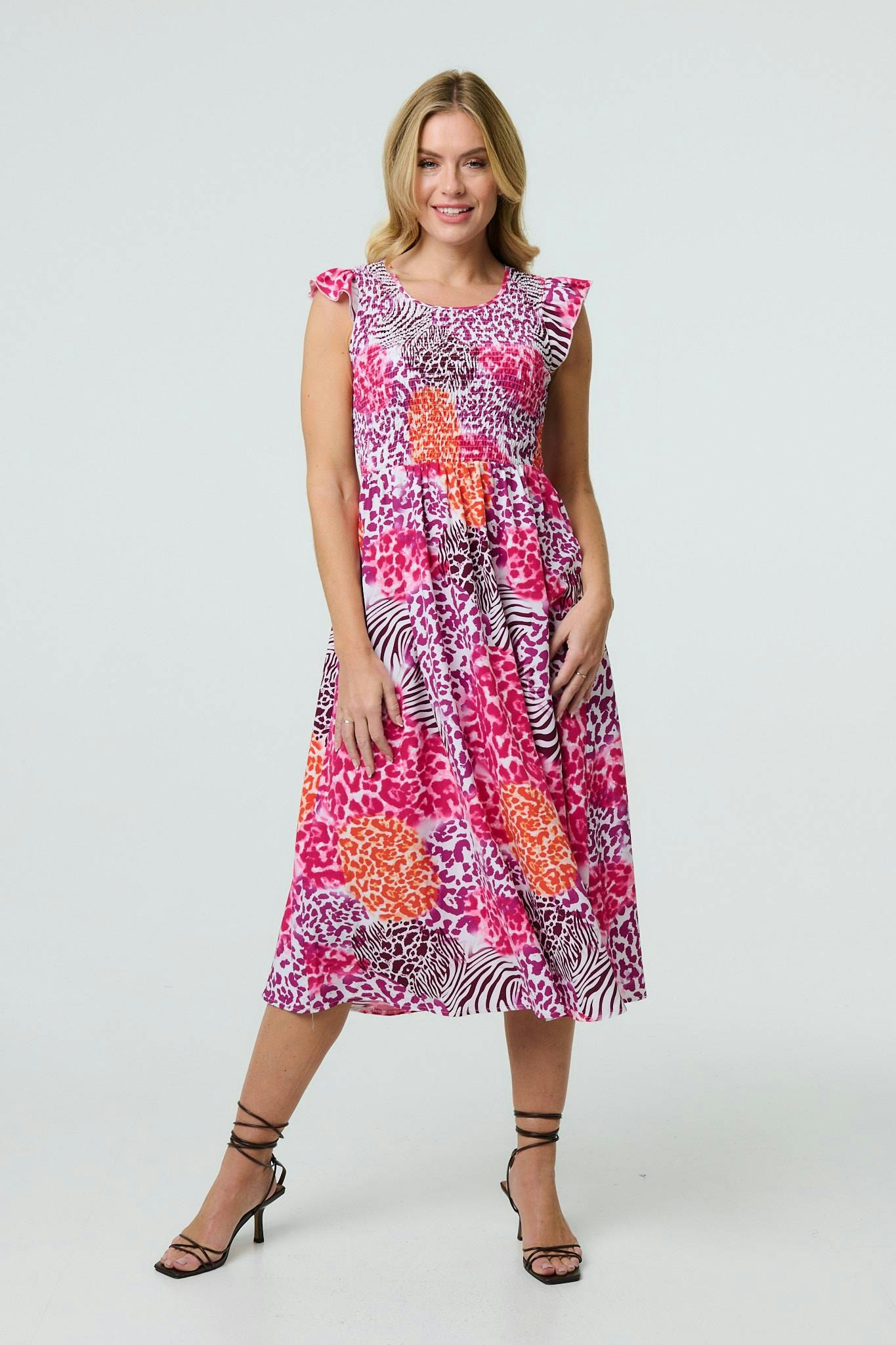 Izabel London Pink Animal Print Cap Sleeve Smocked Midi Dress - 12