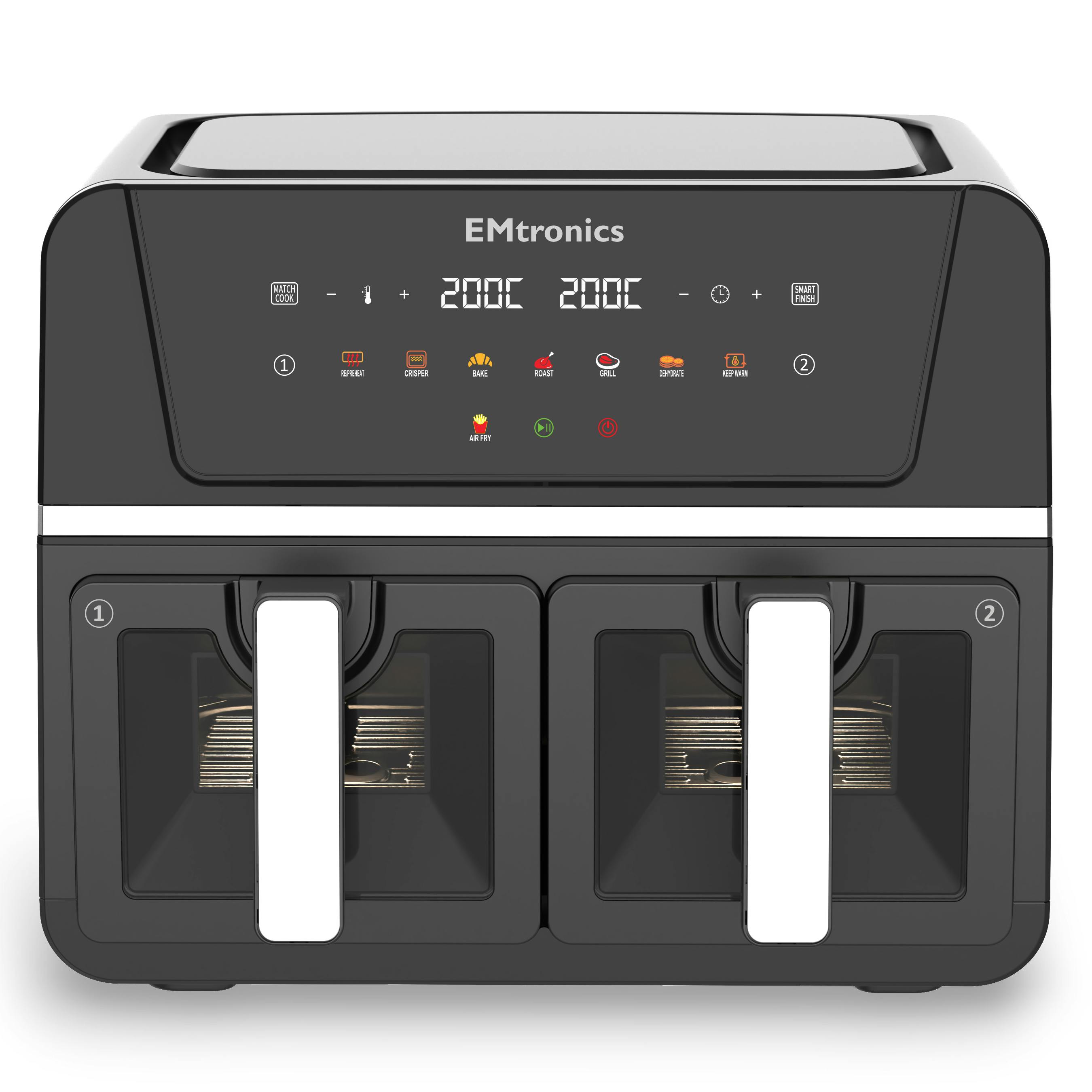 Emtronics Black Dual Air Fryer 9 Litre - Various Colours - With Windows