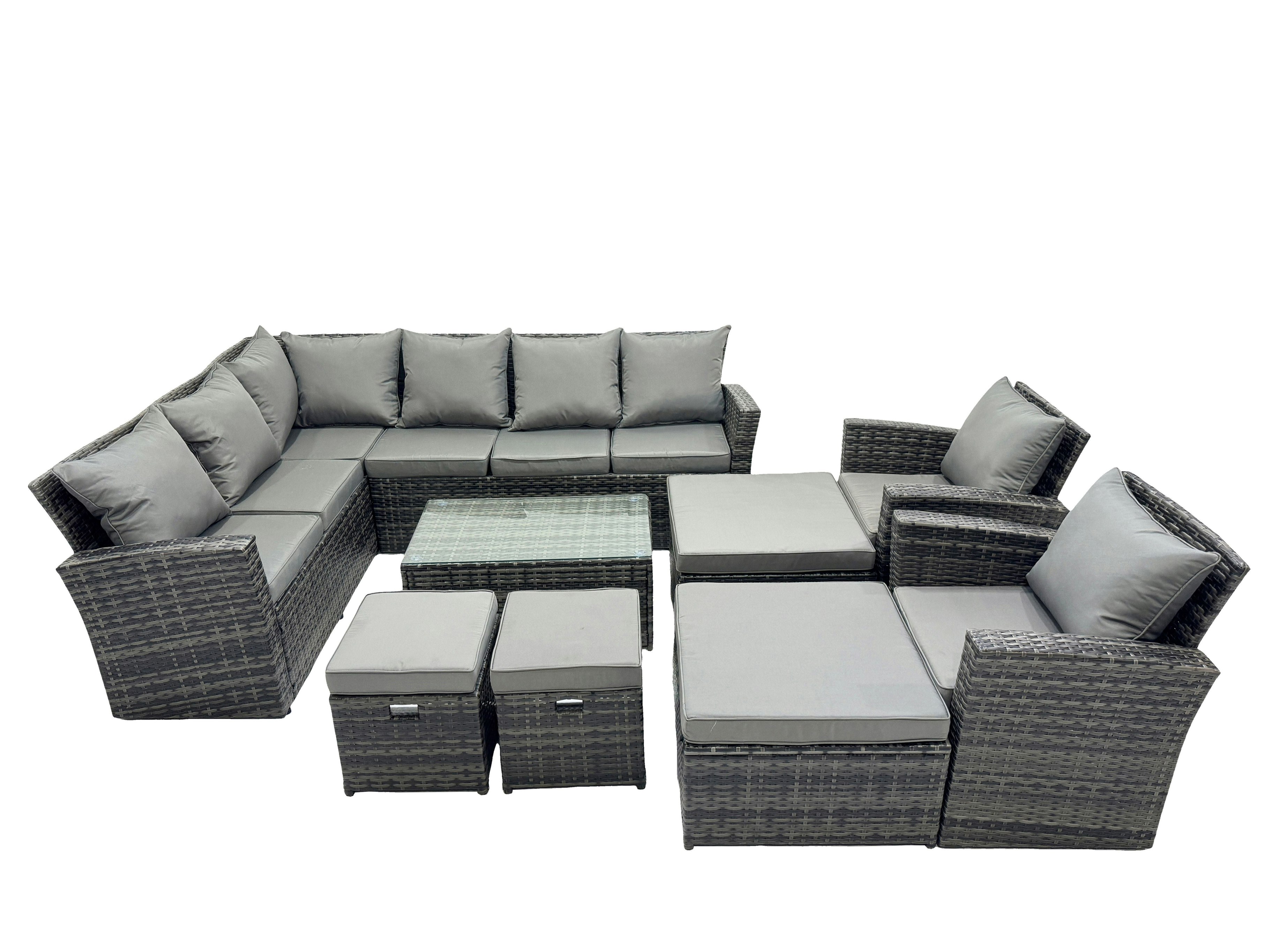 Fimous Dark/Grey 12 Seat Rattan High Back Corner Sofa Set Patio Coffee Table Sets With 4 Stools 2 Chairs Mixed