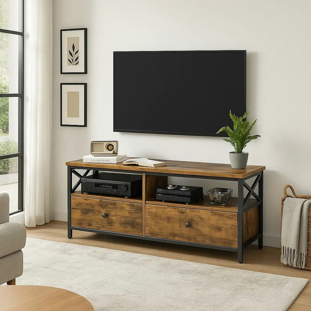 Rackhams Brown/Black Industrial Tv Stand For 55-Inch Tv – Cabinet With 2 Drawers & Open Storage Shelves