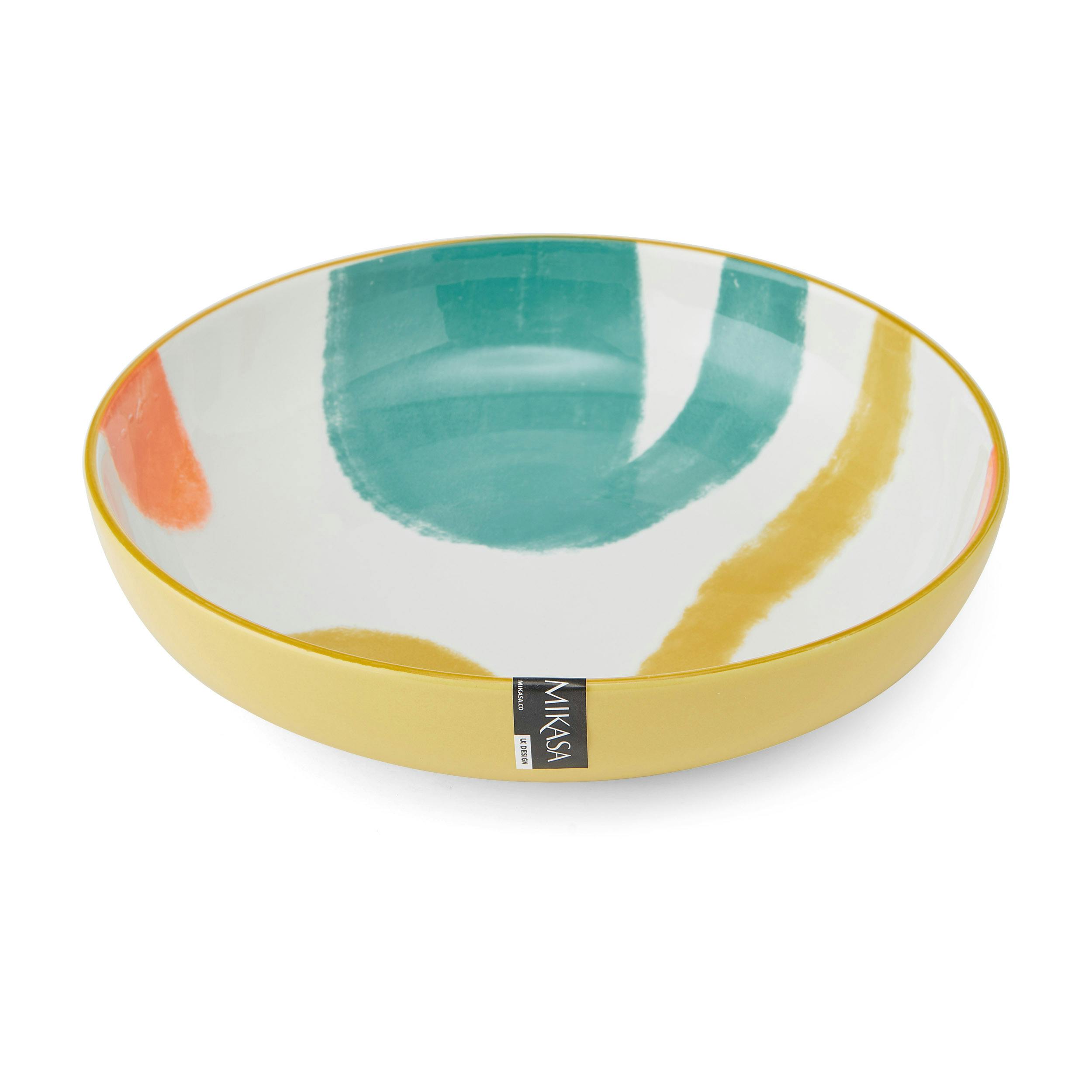 Rackhams Yellow Abstract Stoneware Bowl Set, Set Of 4 Coupe Bowls For Dining, 2-Toned Multi-Purpose Shallow Serving Dishes, 900Ml, 21 X 5Cm - Stoneware - Bowls