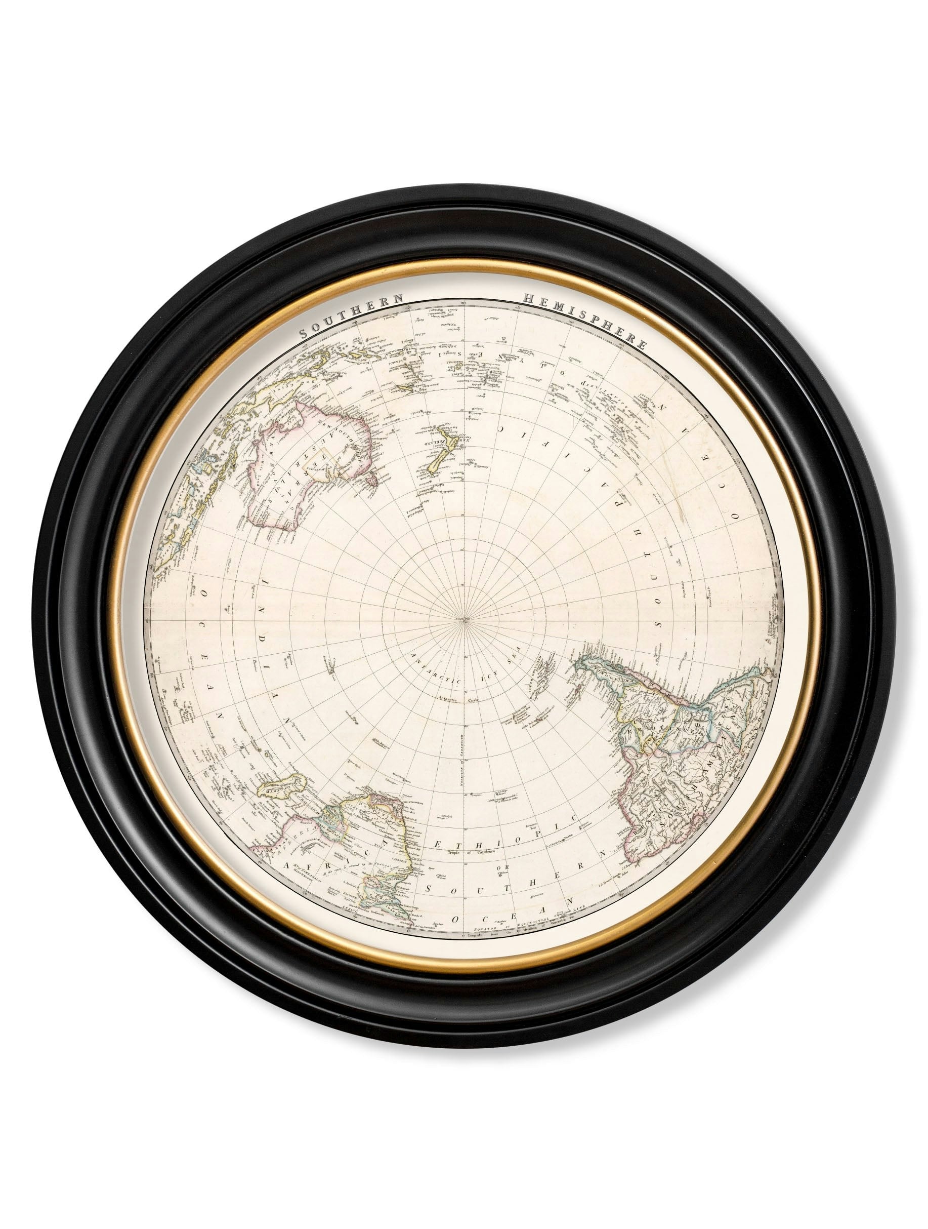 Rackhams Black C.1838 World Map Hemispheres In Round Frames - 120 X 120Cm - Southern Hemisphere